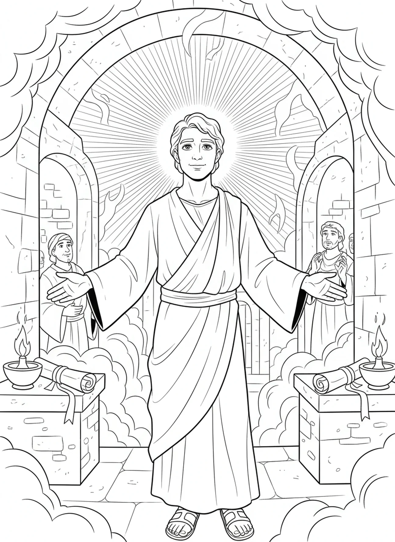Étienne levant les yeux vers le ciel, page à colorier de Saint Étienne Premier Martyr pour les enfants de l'École du dimanche âgés de 5 à 12 ans