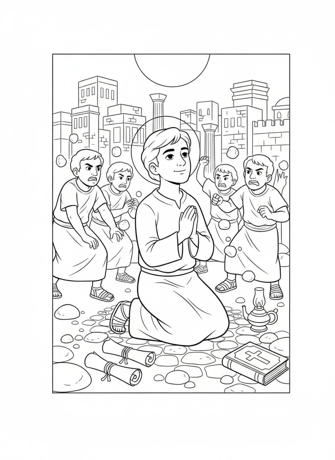 Étienne priant pour ses accusateurs, page à colorier d'Étienne le Premier Martyr pour les enfants de l'École du dimanche âgés de 5 à 12 ans