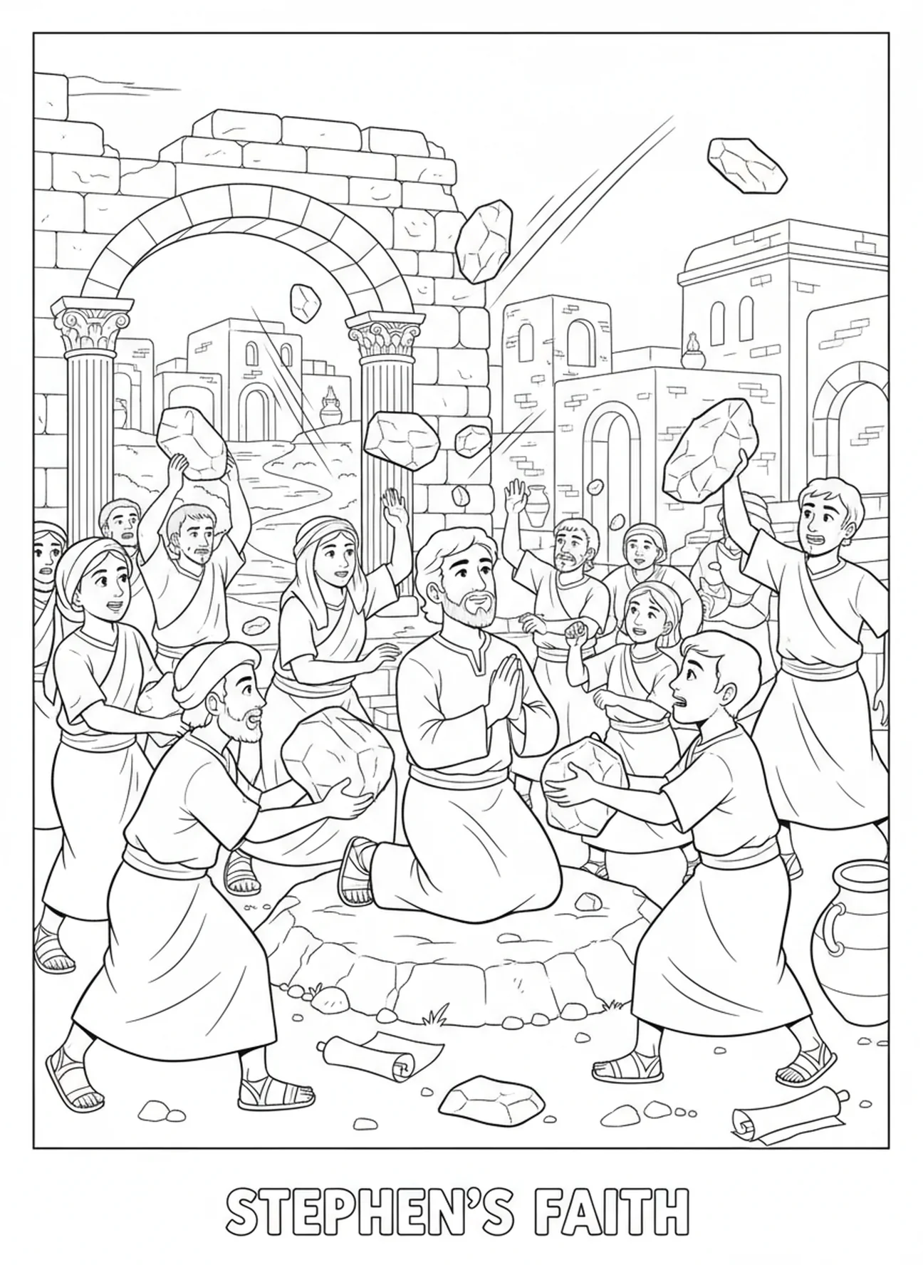 Des gens lançant des pierres à Étienne, page à colorier d'Étienne, premier martyr, pour les enfants de catéchisme âgés de 5 à 12 ans