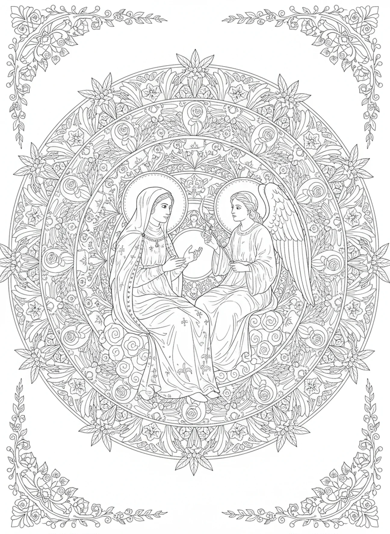 Santa Teresa com um anjo, página para colorir de Santa Teresa de Ávila no estilo de journaling bíblico para adultos.