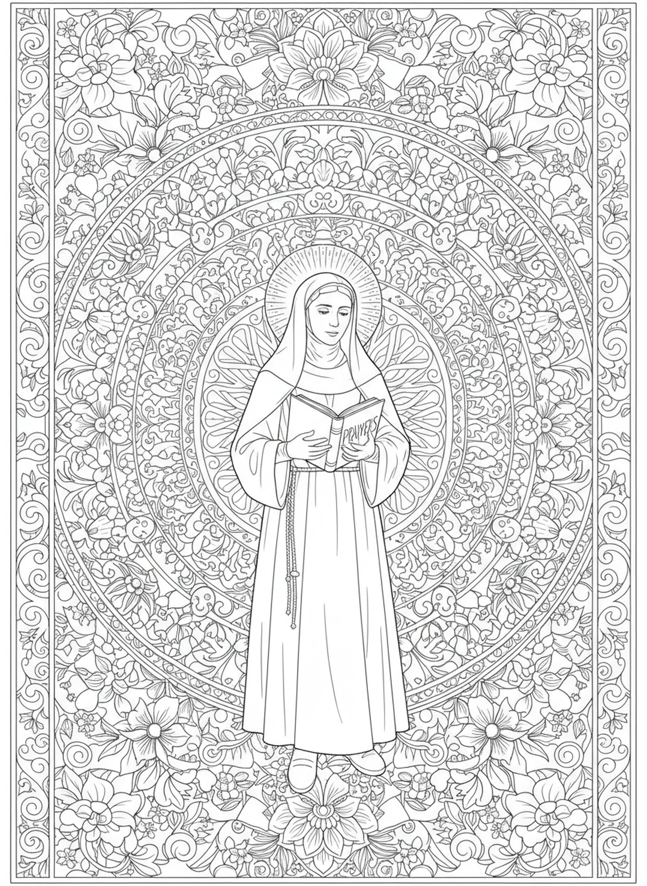Santa Teresa segurando um livro de orações, página de colorir de Santa Teresa de Ávila no estilo de journaling bíblico para adultos.