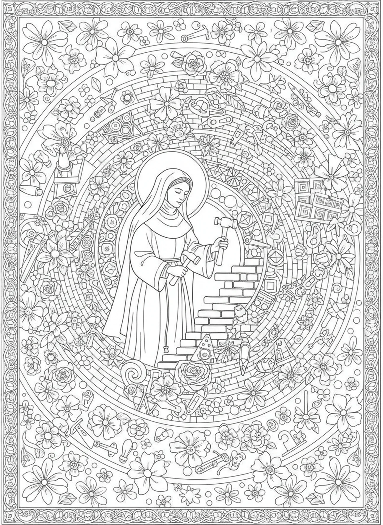 Santa Teresa construindo um convento, página para colorir de Santa Teresa de Ávila no estilo de journaling bíblico para adultos.