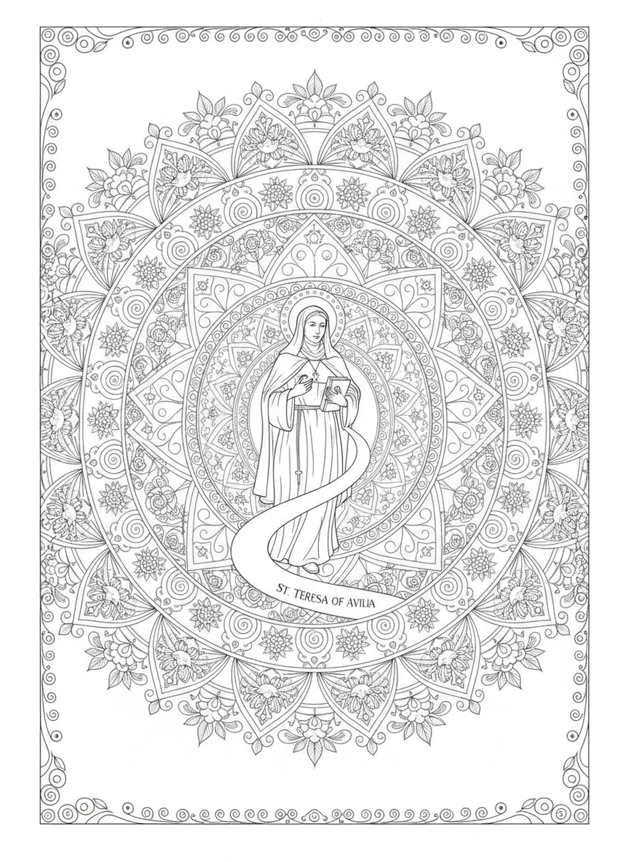 Santa Teresa em sua jornada espiritual, página para colorir de Santa Teresa de Ávila no estilo de journaling bíblico para adultos.