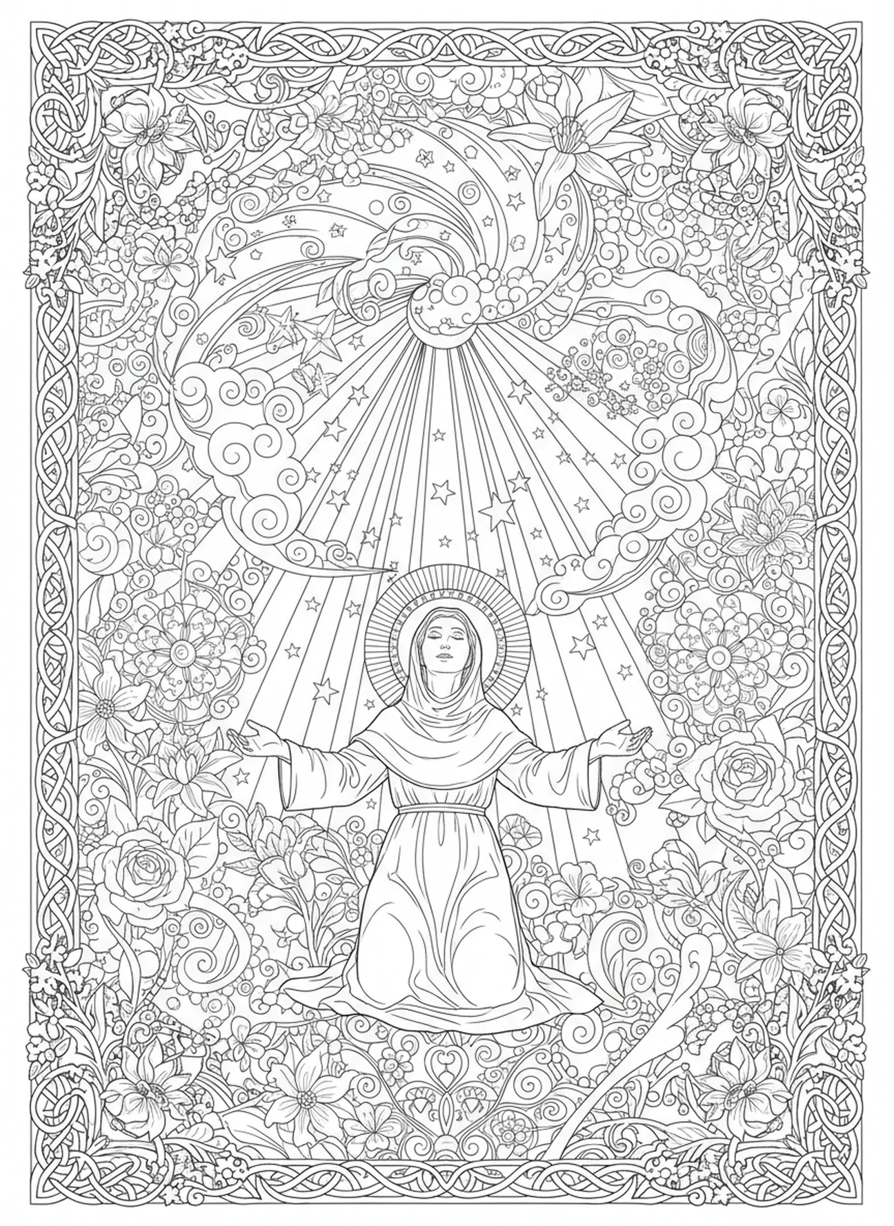 Santa Teresa tendo uma visão, página de colorir de Santa Teresa de Ávila no estilo de journaling bíblico para adultos.