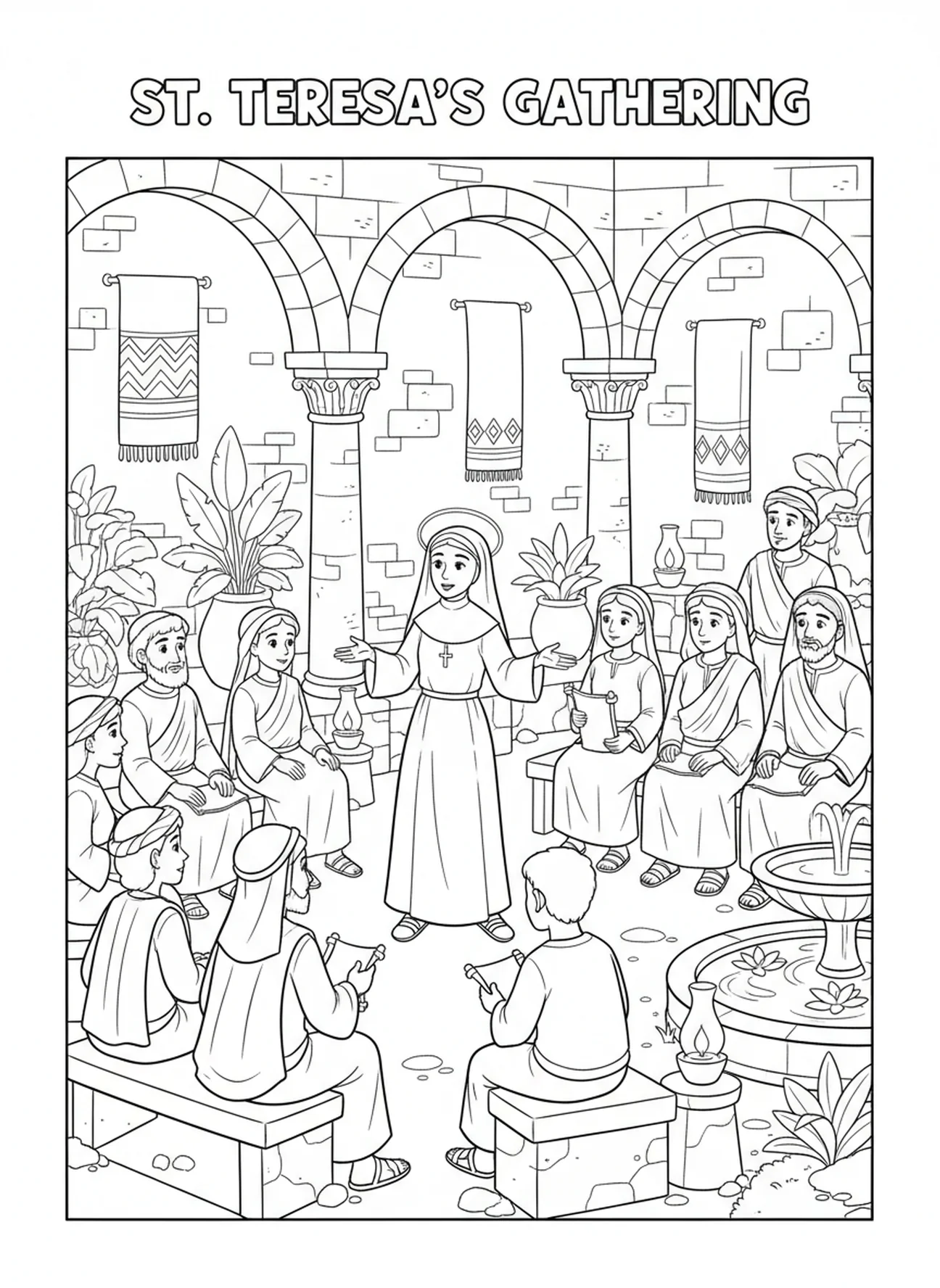 Sainte Thérèse dirigeant une réunion, page à colorier Sainte Thérèse d'Avila pour les enfants de l'École du dimanche âgés de 5 à 12 ans.