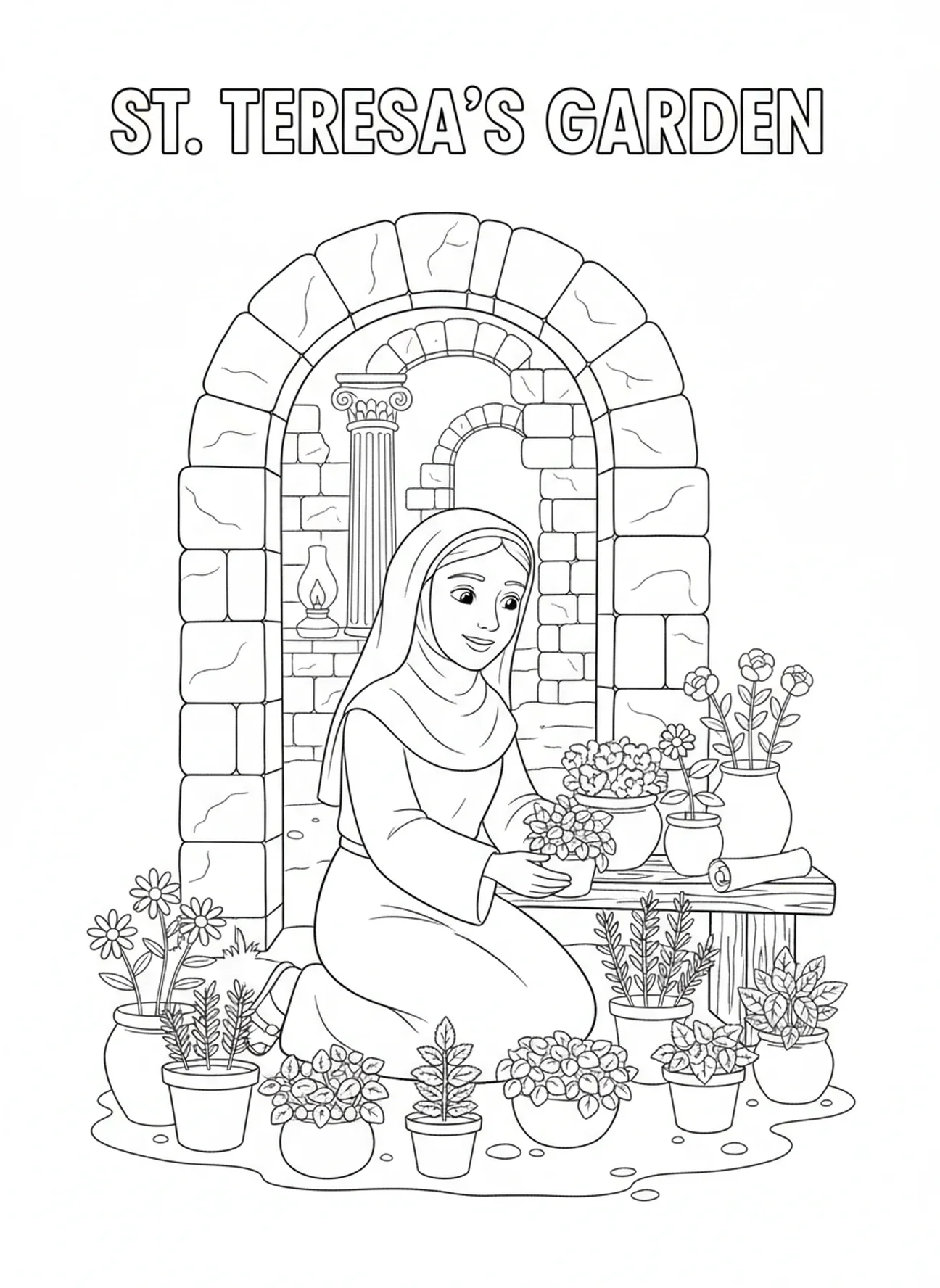 Sainte Thérèse s'occupant d'un jardin d'herbes, page à colorier de Sainte Thérèse d'Avila pour les enfants de l'École du dimanche âgés de 5 à 12 ans.