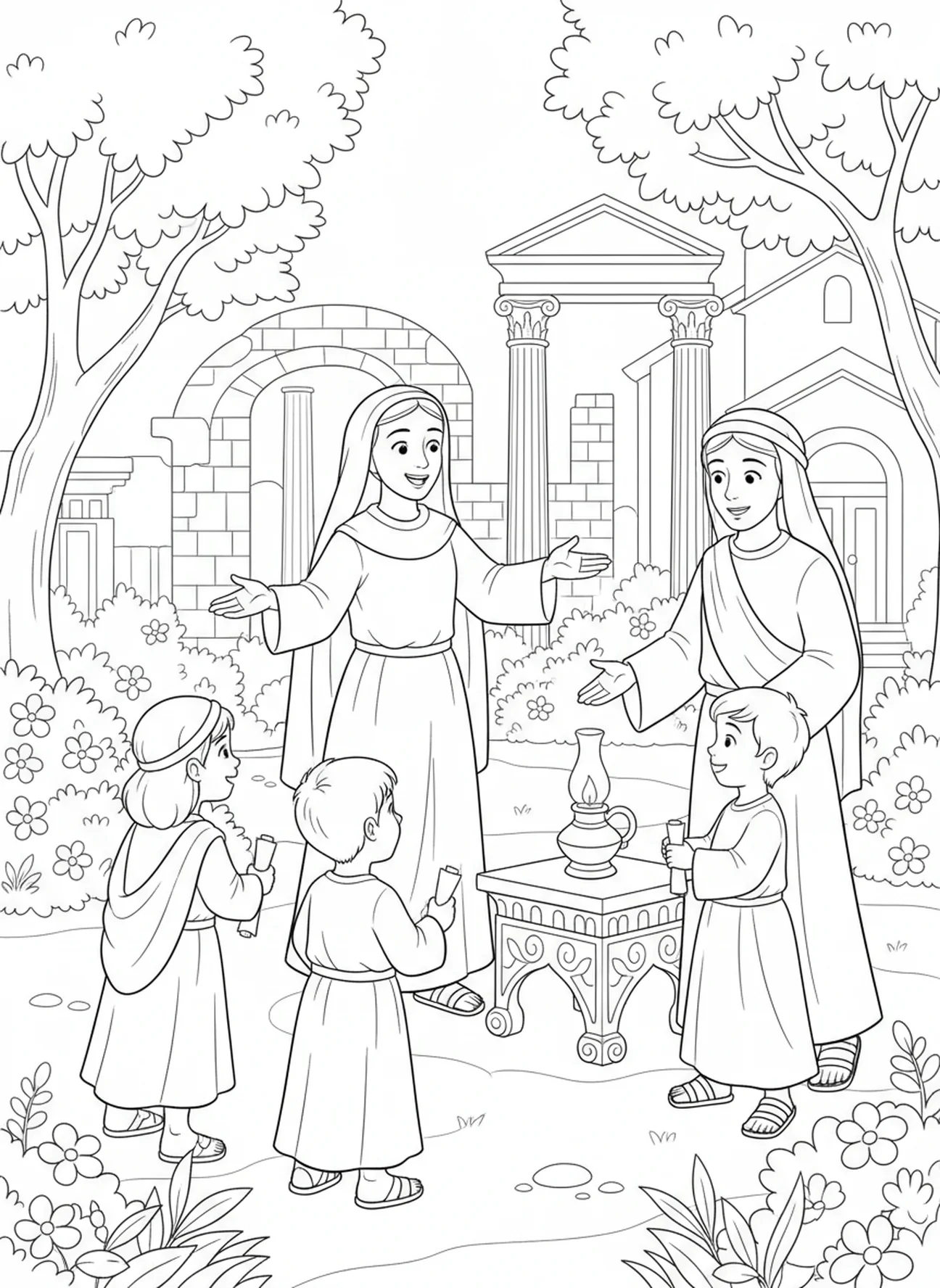 Sainte Thérèse partageant la foi avec un groupe, page à colorier Sainte Thérèse d'Avila pour les enfants de l'École du dimanche âgés de 5 à 12 ans.