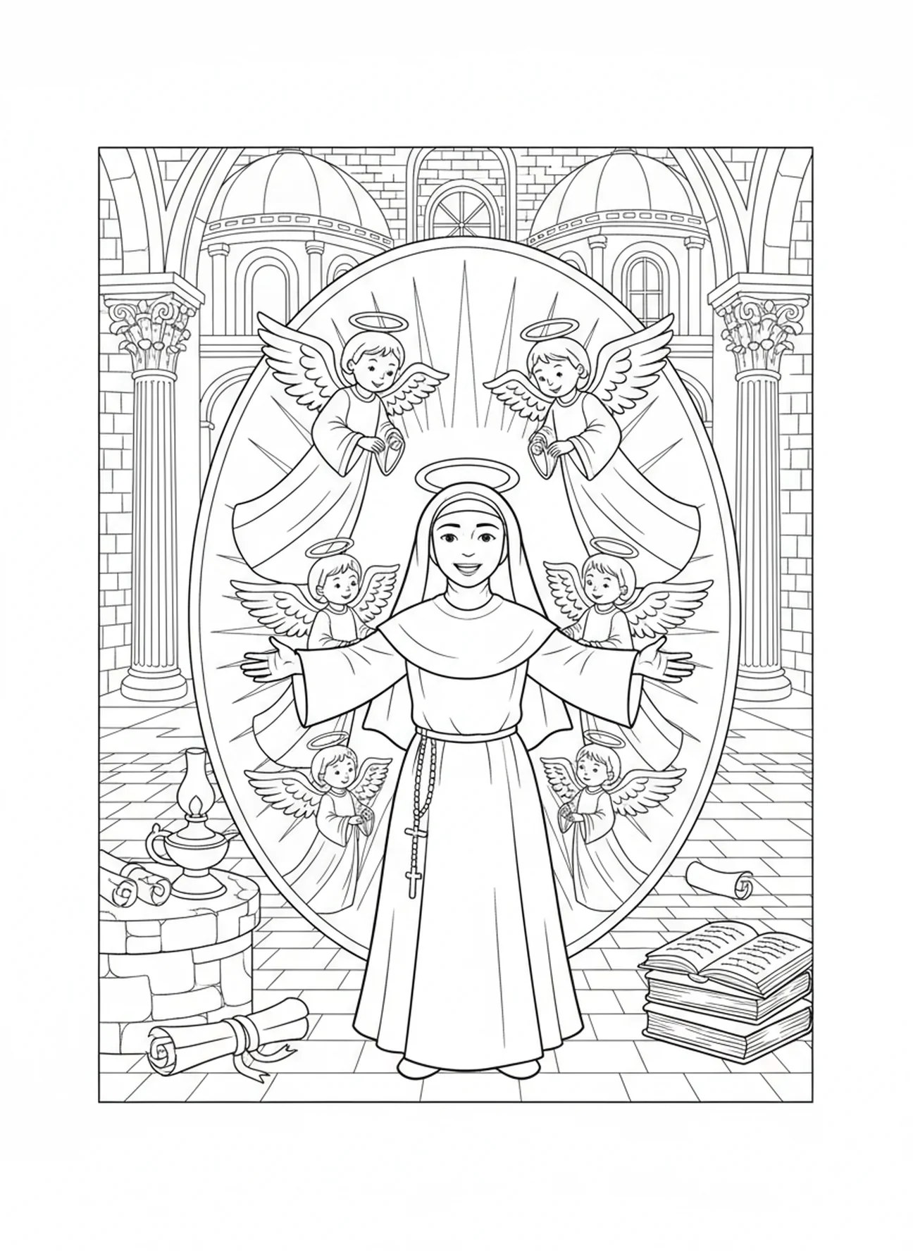 Sainte Thérèse entourée d'anges, page à colorier de Sainte Thérèse d'Avila pour les enfants de l'École du dimanche âgés de 5 à 12 ans.