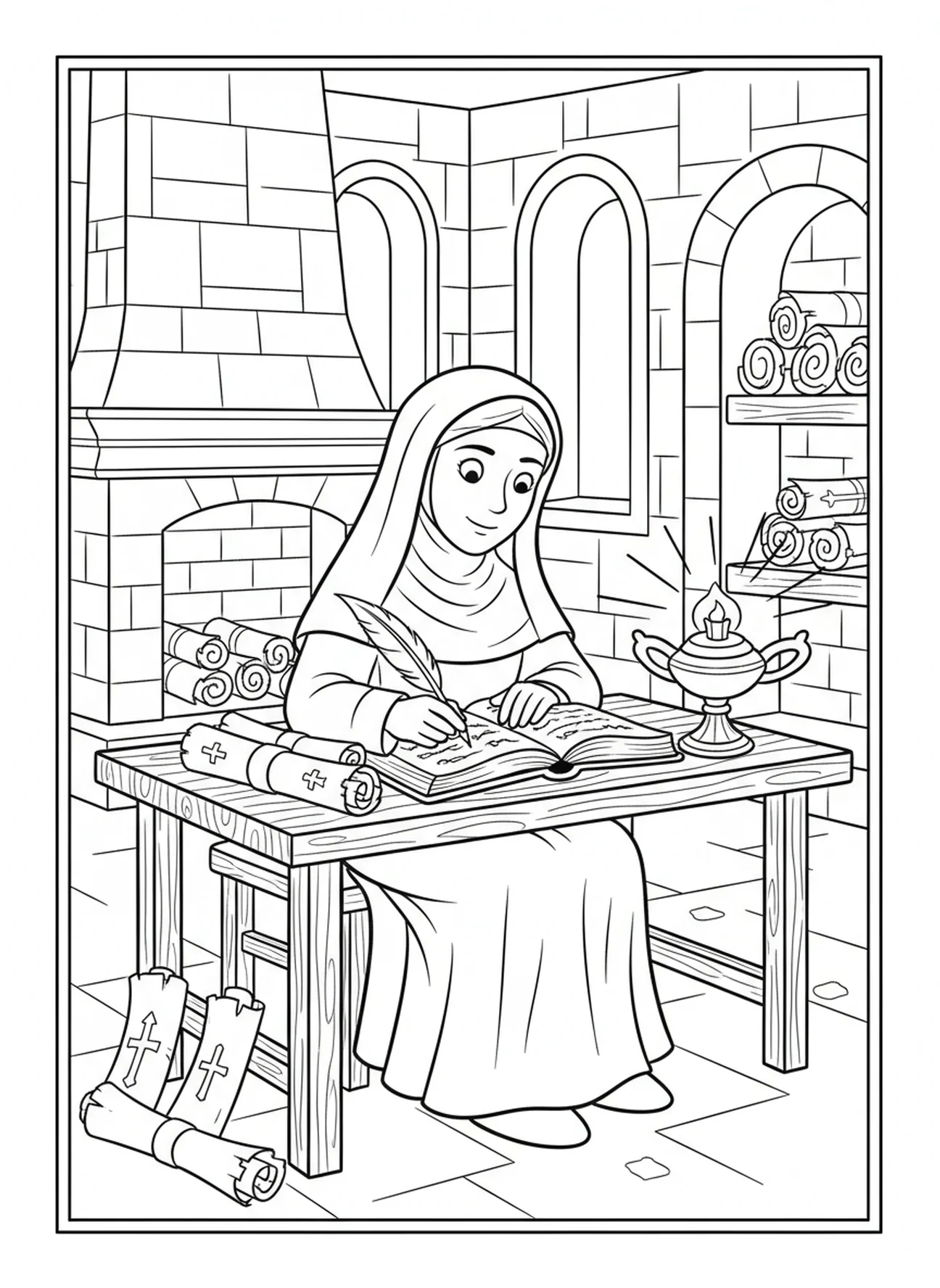 Sainte Thérèse écrivant avec une plume, page à colorier Sainte Thérèse d'Avila pour les enfants de l'École du dimanche âgés de 5 à 12 ans.