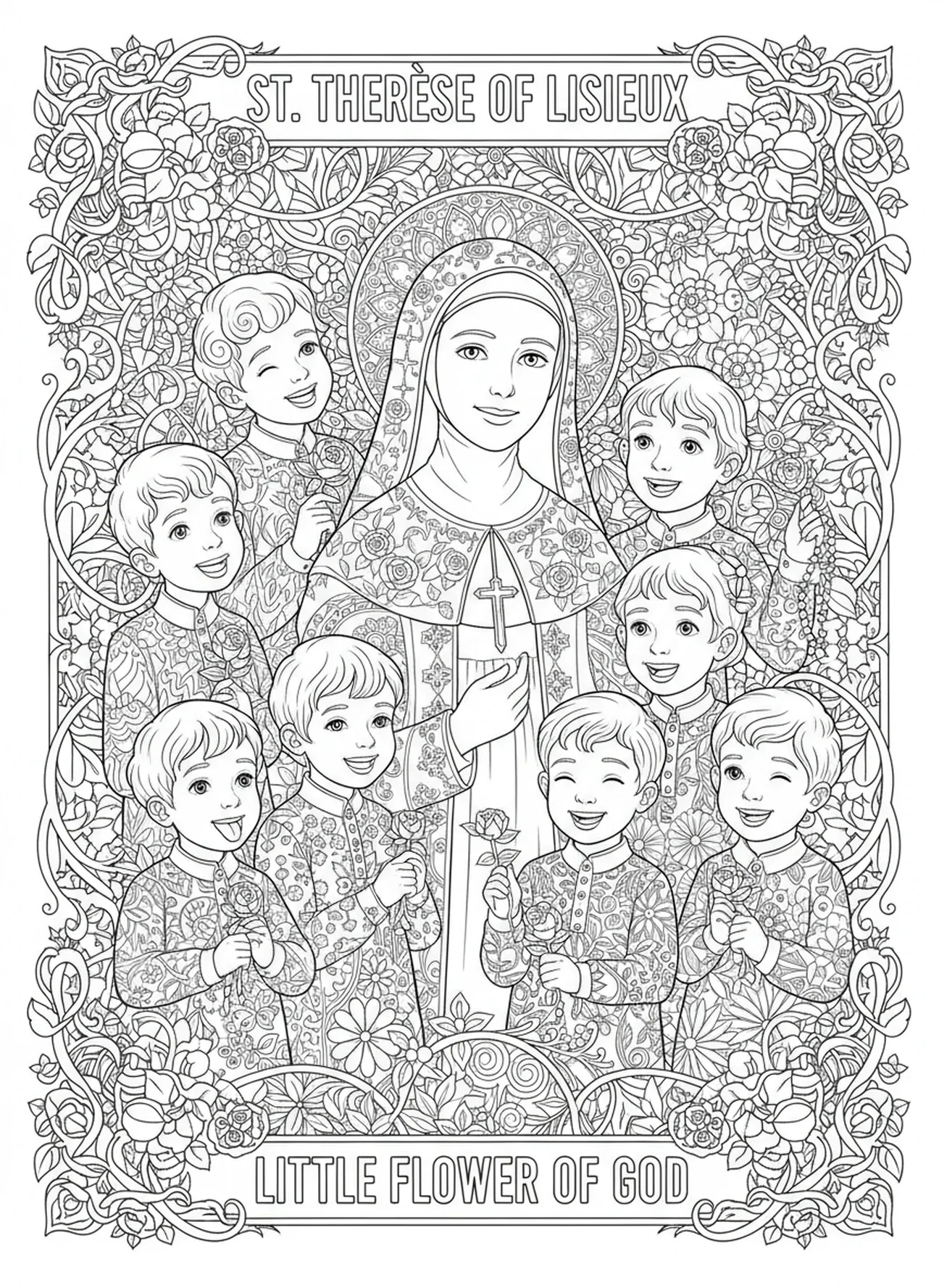 Sainte Thérèse avec des enfants, page à colorier Sainte Thérèse de Lisieux pour le journal biblique des adultes.