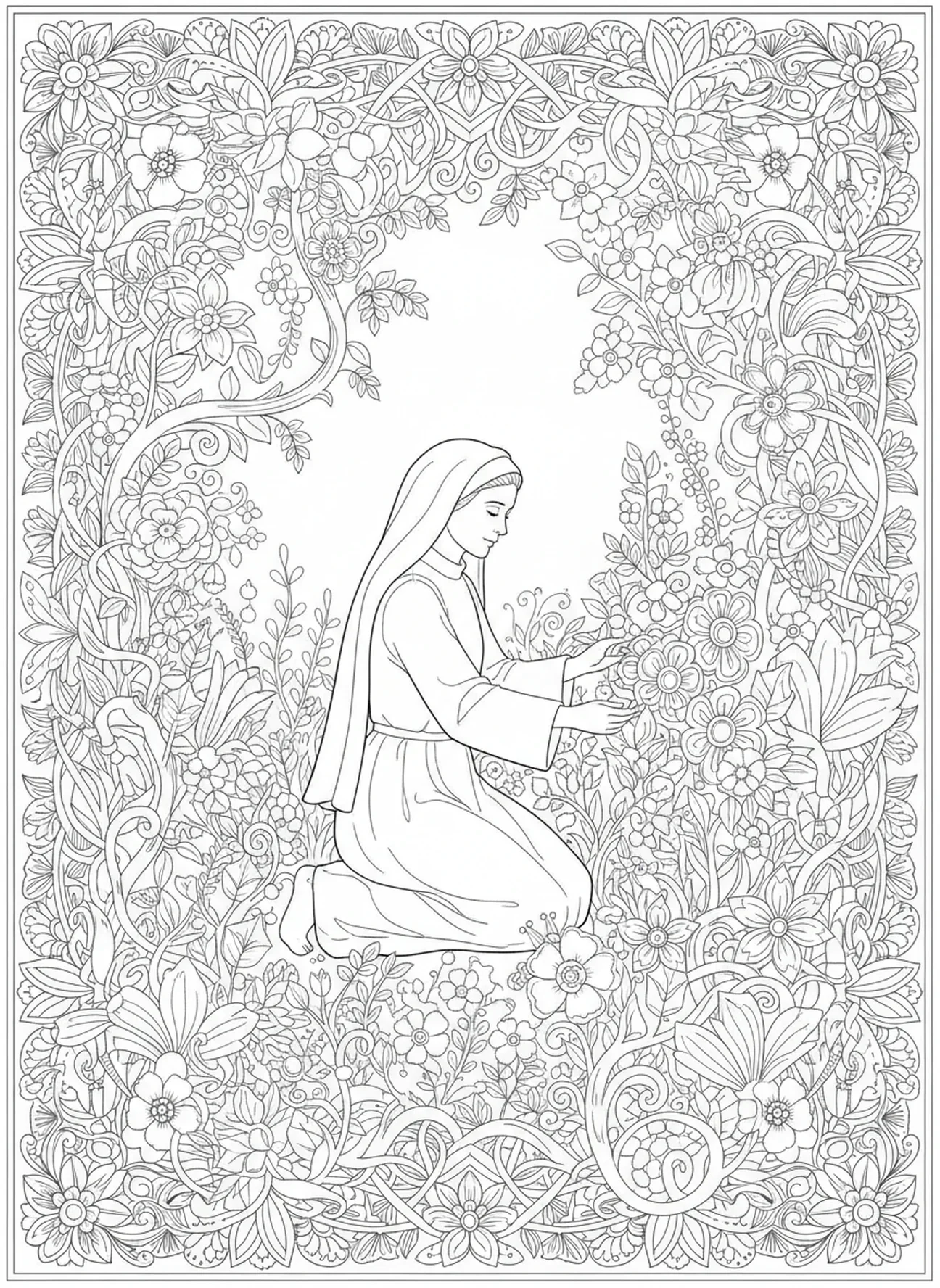 Sainte Thérèse dans le jardin, page à colorier de Sainte Thérèse de Lisieux pour le journal biblique pour adultes.