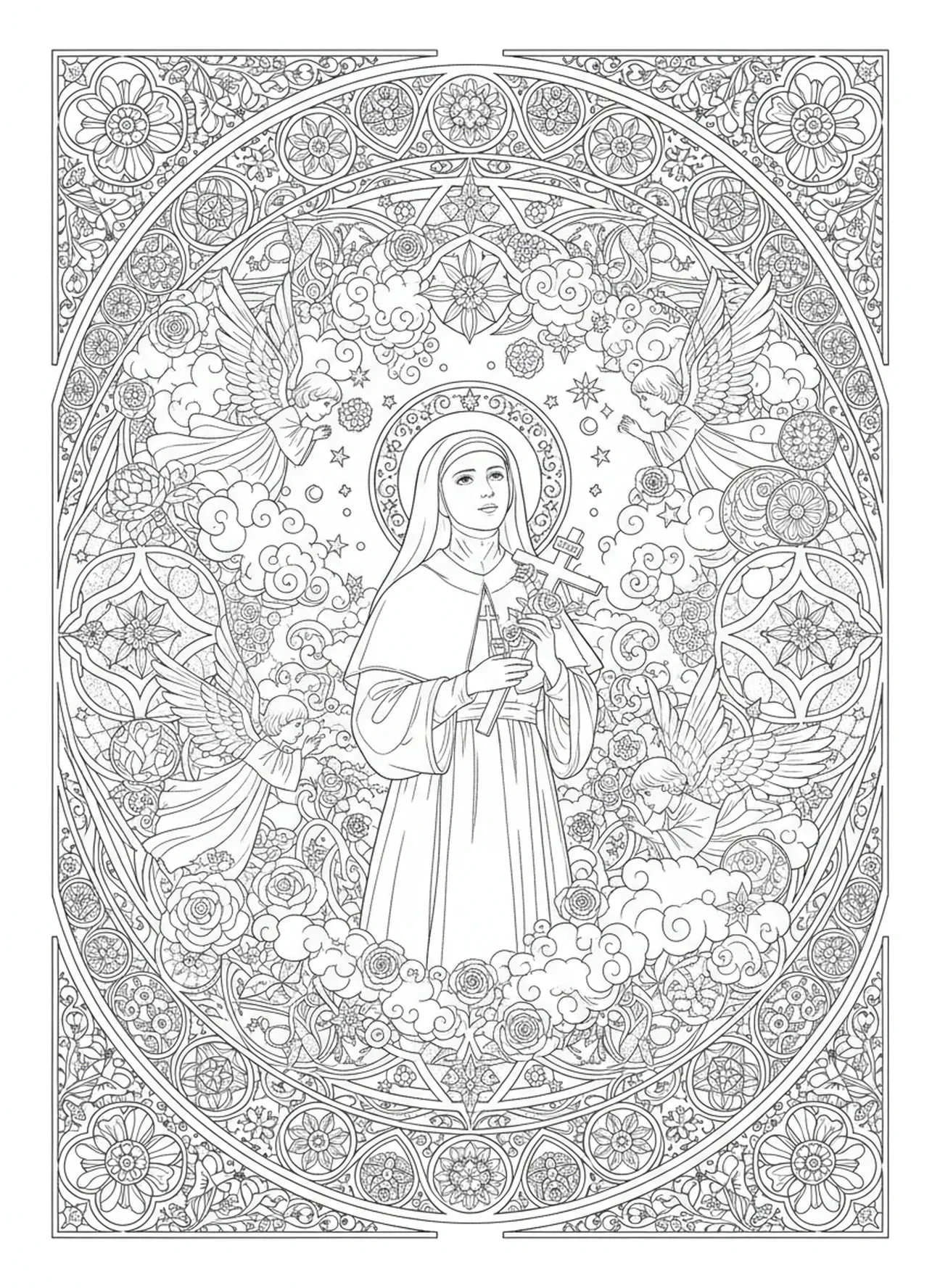 Sainte Thérèse dans une scène céleste, page à colorier Sainte Thérèse de Lisieux pour le journaling biblique.