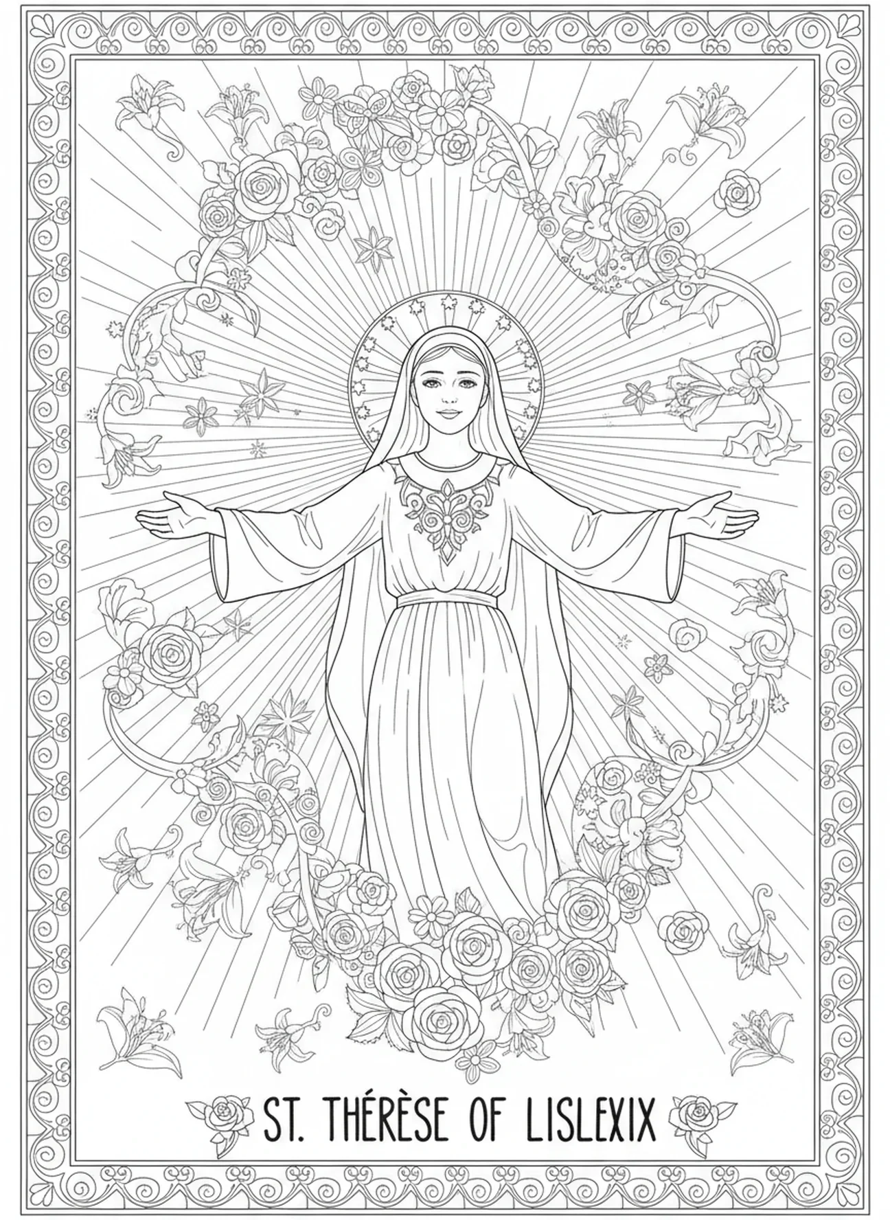 Sainte Thérèse rayonnant de joie, page à colorier Sainte Thérèse de Lisieux pour adultes dans un style de journal biblique.