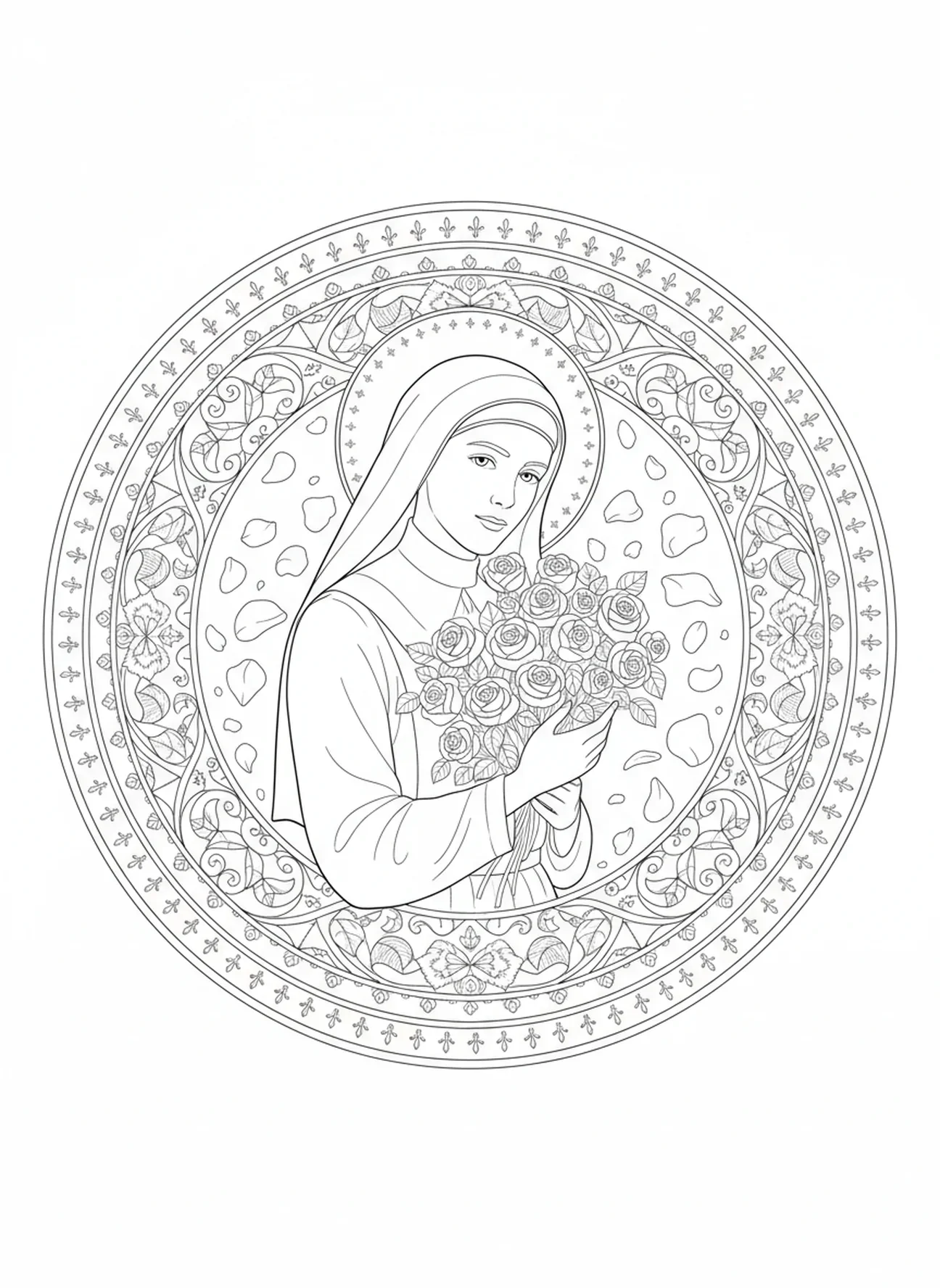 Sainte Thérèse tenant des roses, page à colorier Sainte Thérèse de Lisieux pour adultes dans un style de journal biblique.