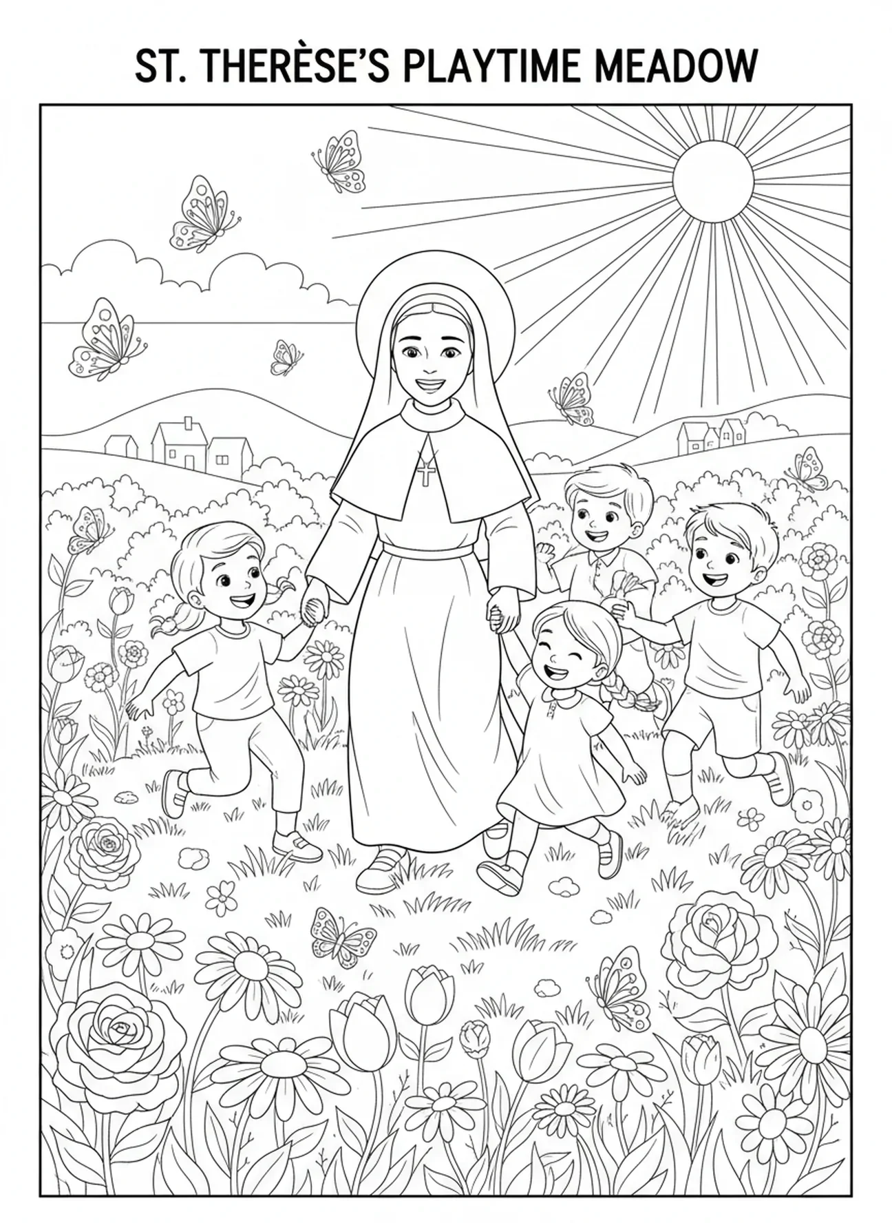 Sainte Thérèse jouant avec des enfants, page à colorier Sainte Thérèse de Lisieux pour les enfants de 5 à 10 ans