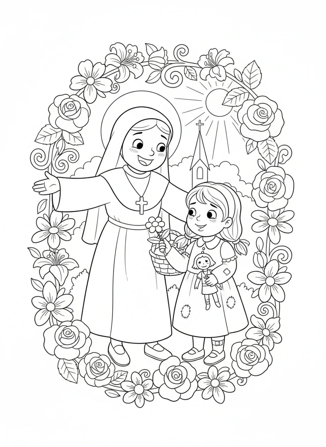 Sainte Thérèse aidant un ami, page à colorier Sainte Thérèse de Lisieux pour les enfants de 5 à 10 ans