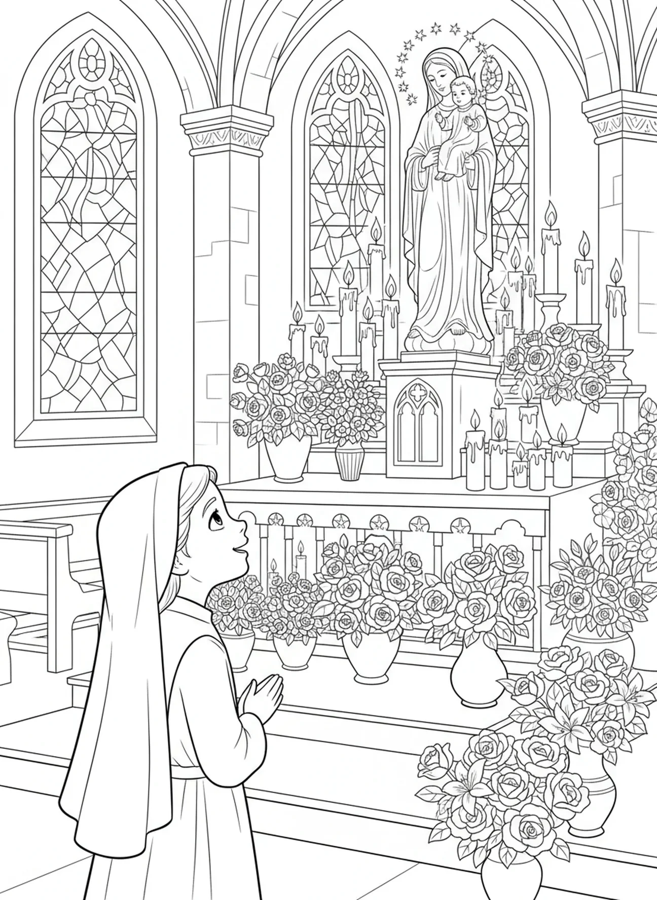 Sainte Thérèse contemplant une statue, page à colorier Sainte Thérèse de Lisieux pour les enfants de 5 à 10 ans