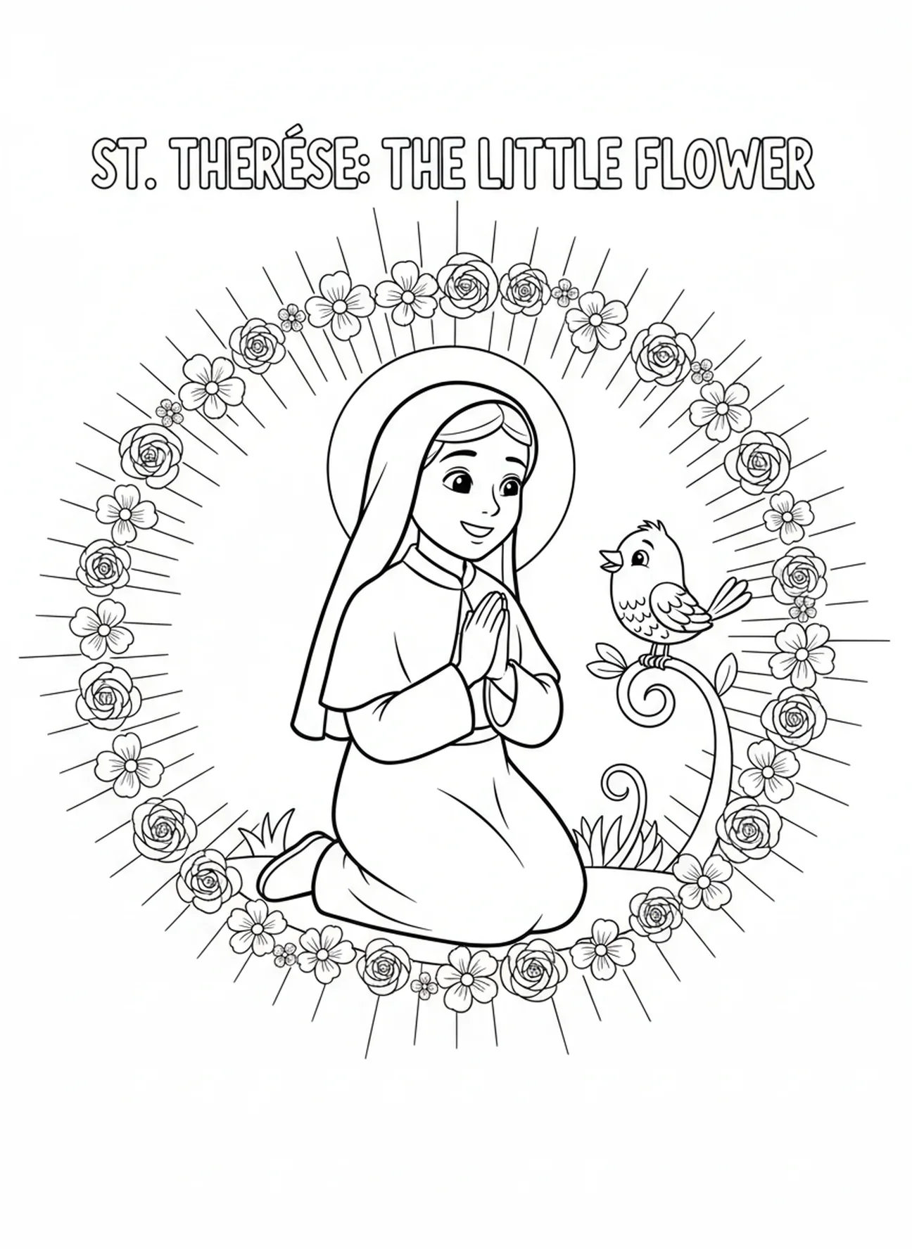 Sainte Thérèse à genoux en prière, page à colorier de Sainte Thérèse de Lisieux pour les enfants de 5 à 10 ans