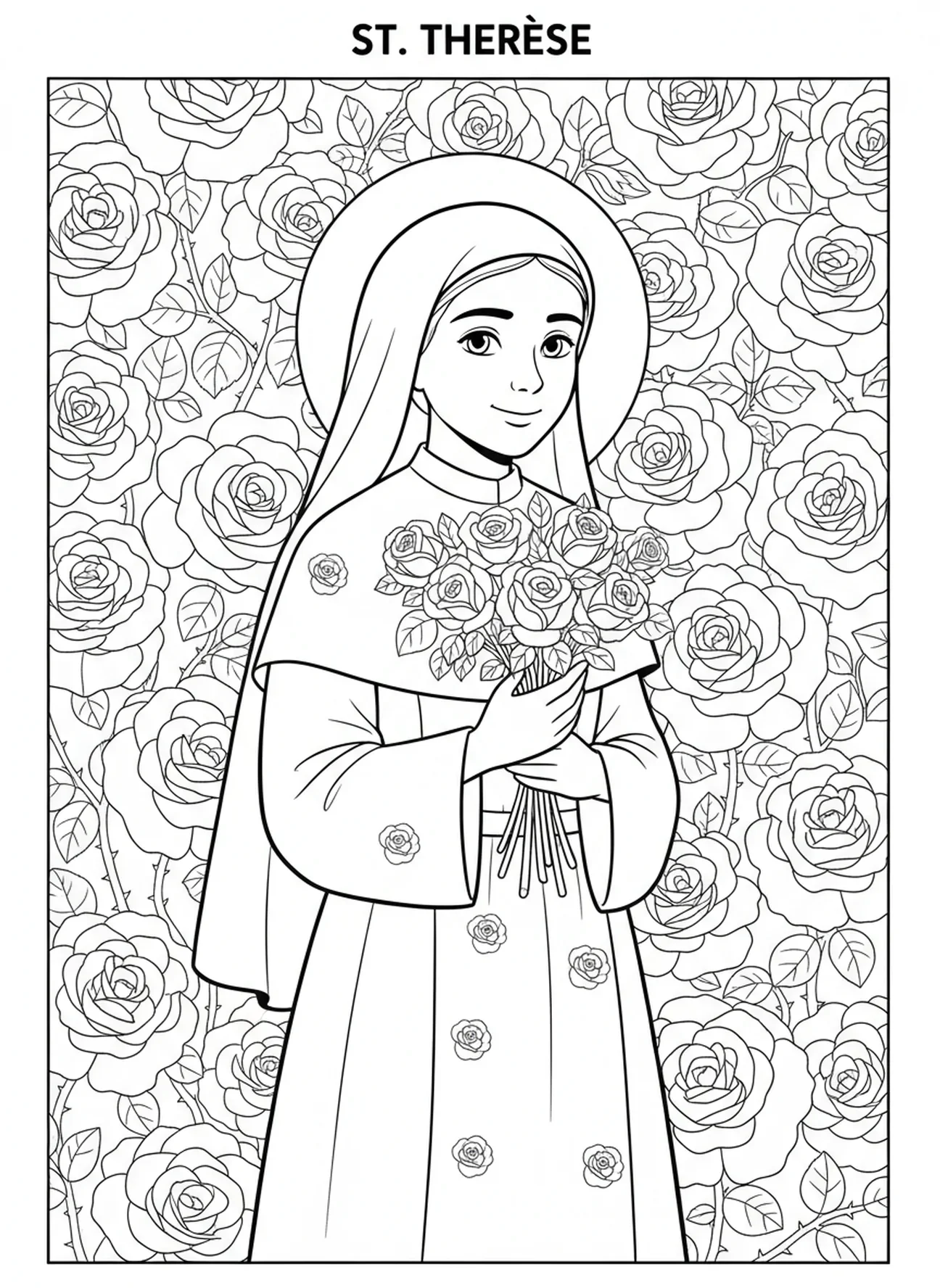 Sainte Thérèse tenant un bouquet de roses, page à colorier de Sainte Thérèse de Lisieux pour les enfants de 5 à 10 ans