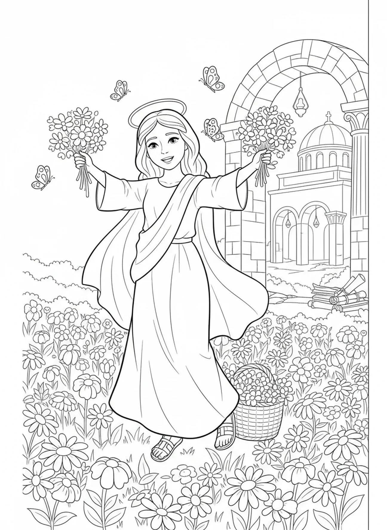 Die heilige Therese auf einem Feld, Malvorlage für die Sonntagsschule für Kinder im Alter von 5-12 Jahren