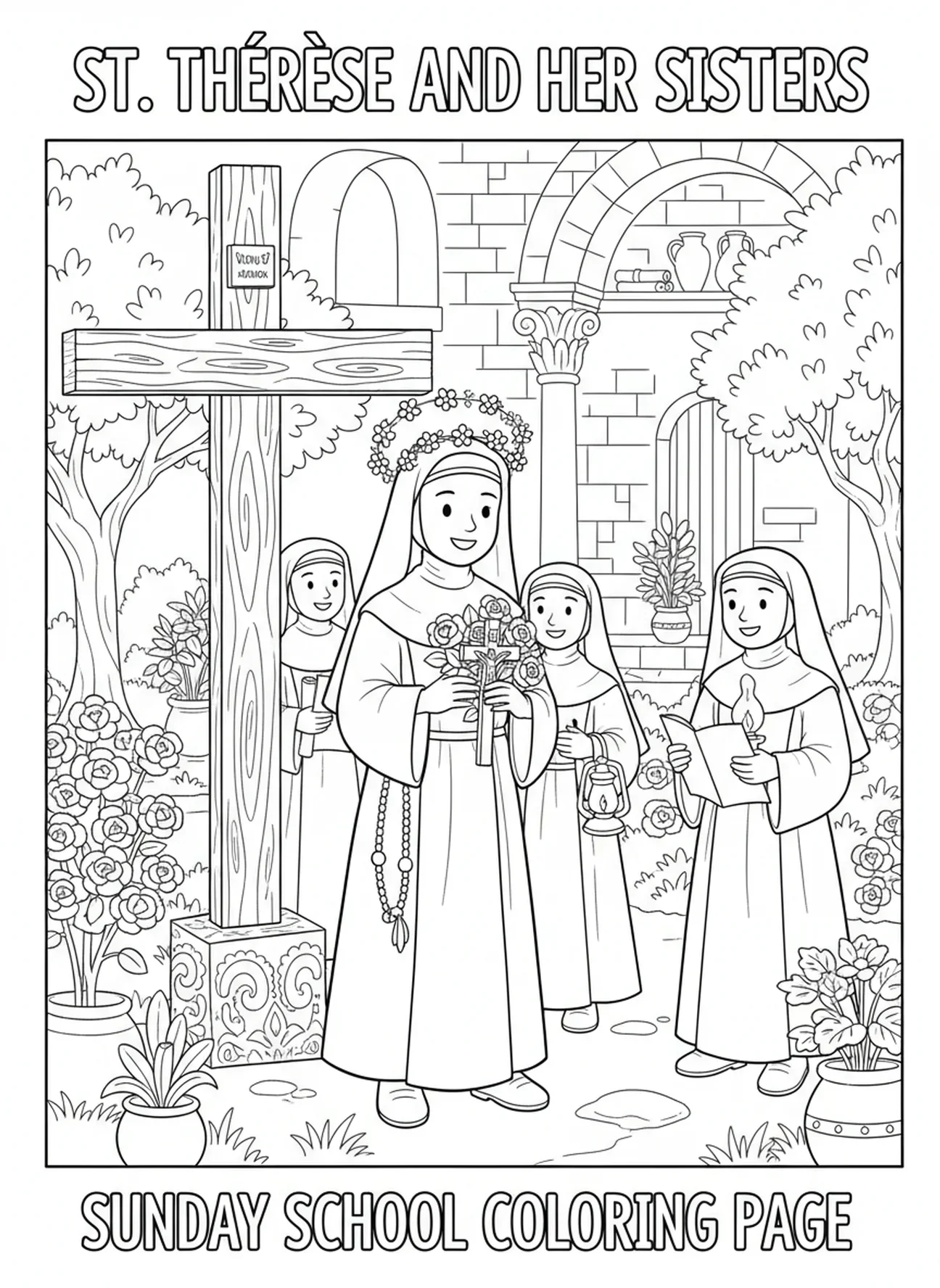 Die heilige Therese mit ihren Schwestern, Ausmalbild der heiligen Therese von Lisieux für Kinder in der Sonntagsschule im Alter von 5-12 Jahren