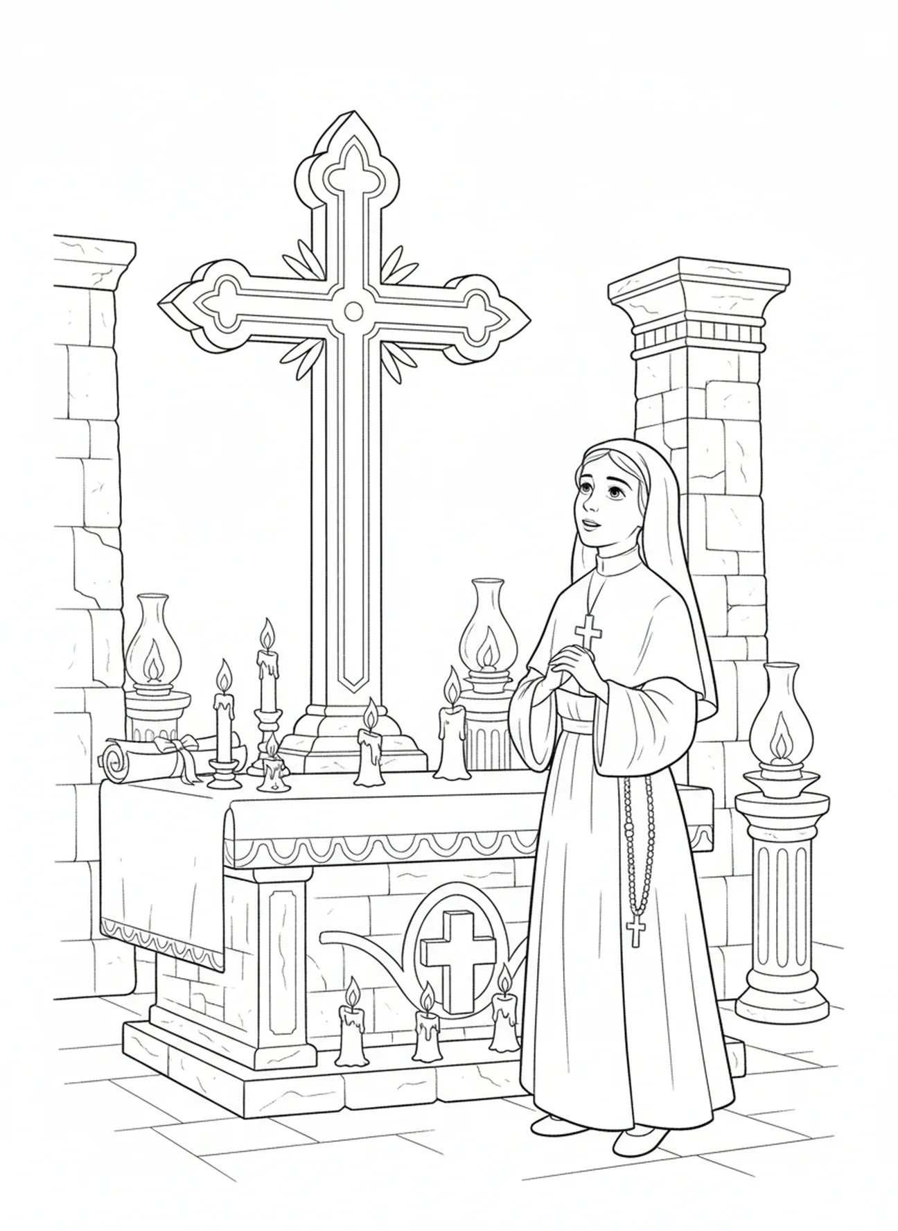 Die heilige Therese am Altar, Ausmalbild der heiligen Therese von Lisieux für Kinder im Religionsunterricht im Alter von 5-12 Jahren