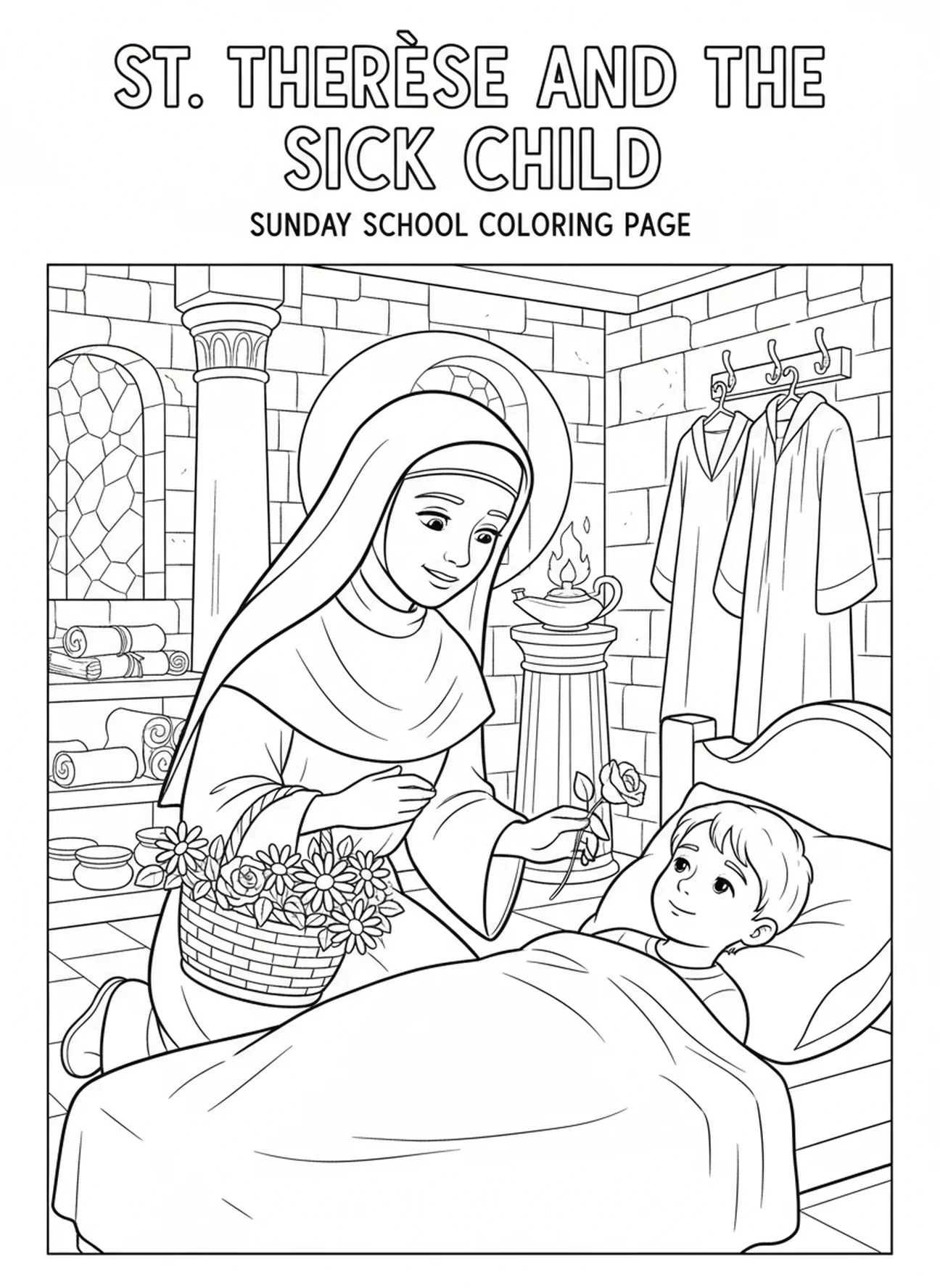 Mädchen hilft einem kranken Kind, Ausmalbild von St. Therese von Lisieux für die Sonntagsschule für Kinder im Alter von 5-12 Jahren
