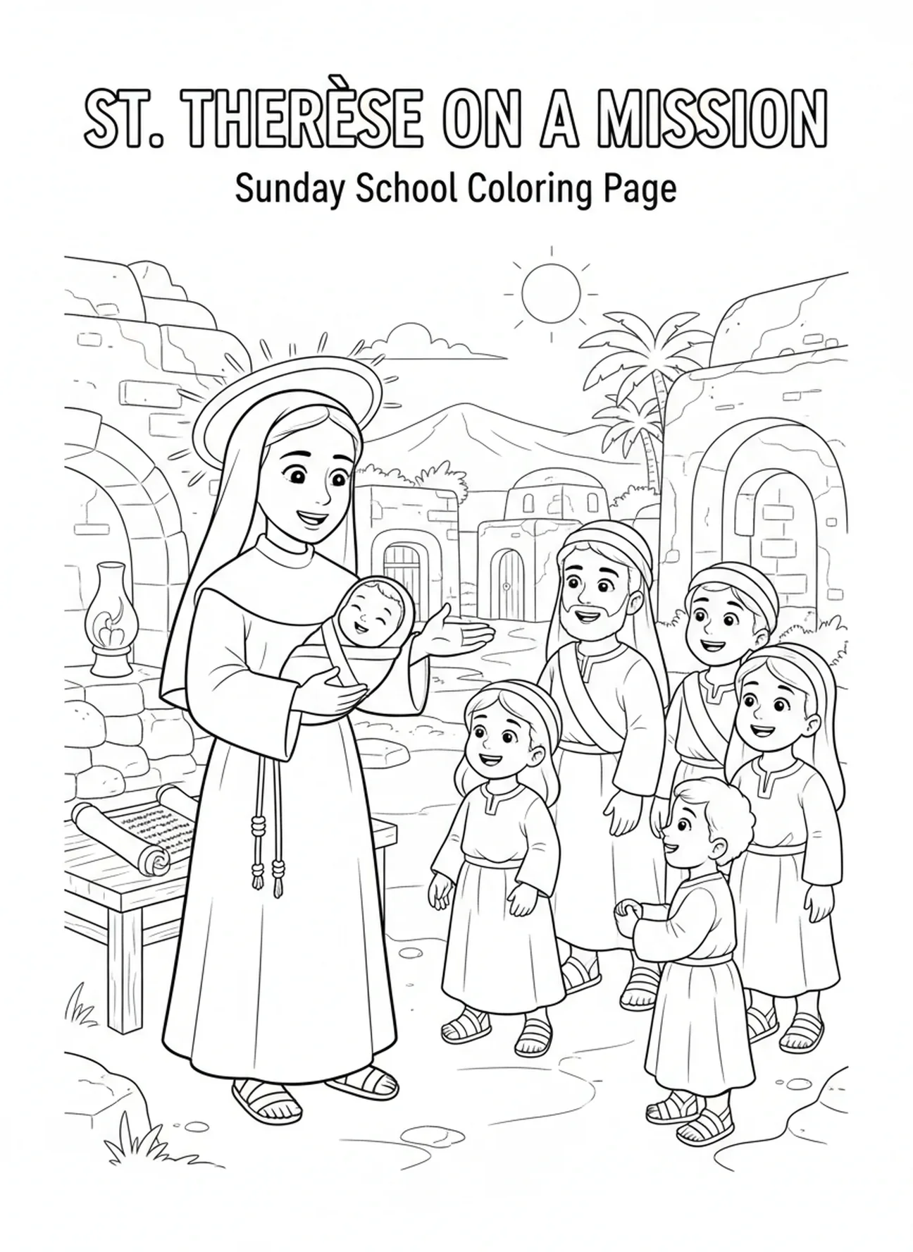 Die heilige Therese auf einer Mission, Ausmalbild der heiligen Therese von Lisieux für Kinder im Religionsunterricht im Alter von 5-12 Jahren