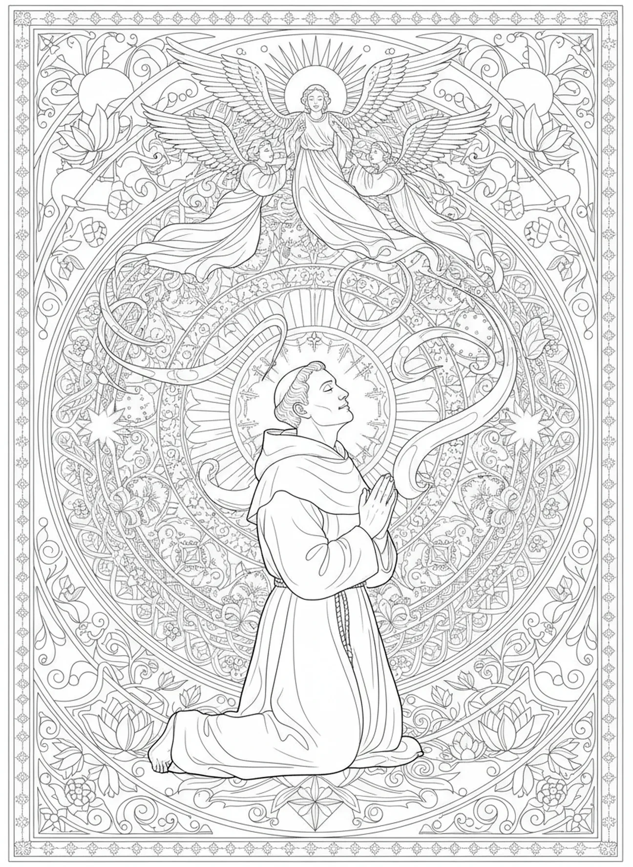 Visión de ángeles de San Tomás de Aquino, página para colorear de San Tomás de Aquino para adultos en estilo de journaling bíblico.