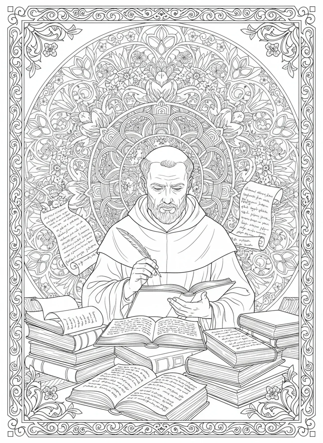 San Tomás de Aquino reflexionando sobre sus escritos, página para colorear de San Tomás de Aquino estilo Biblia para adultos.