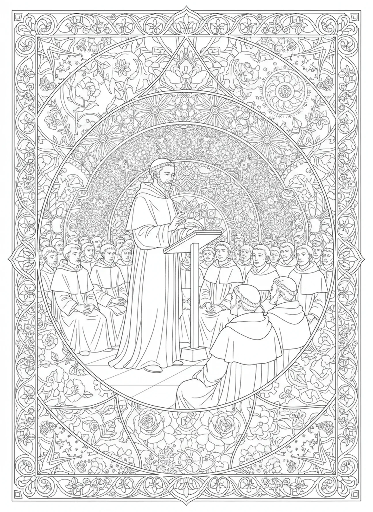San Tomás de Aquino enseñando, página para colorear de San Tomás de Aquino estilo Biblia para adultos.