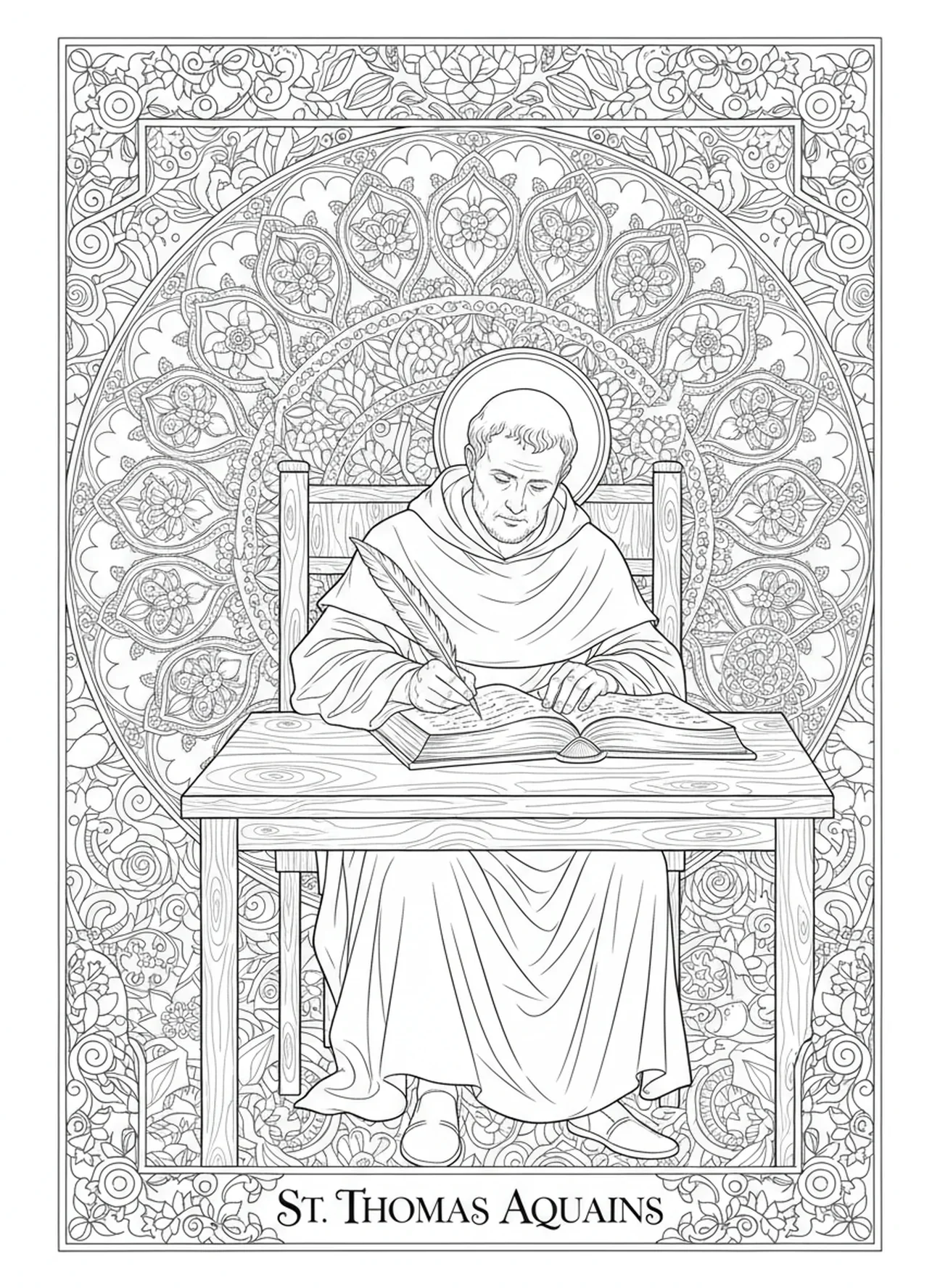San Tomás de Aquino escribiendo, página para colorear de San Tomás de Aquino para adultos en estilo de journaling bíblico.