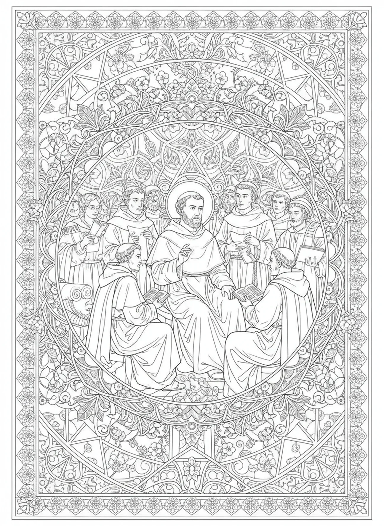 San Tomás de Aquino discutiendo filosofía, página para colorear de San Tomás de Aquino para adultos en estilo de journaling bíblico.