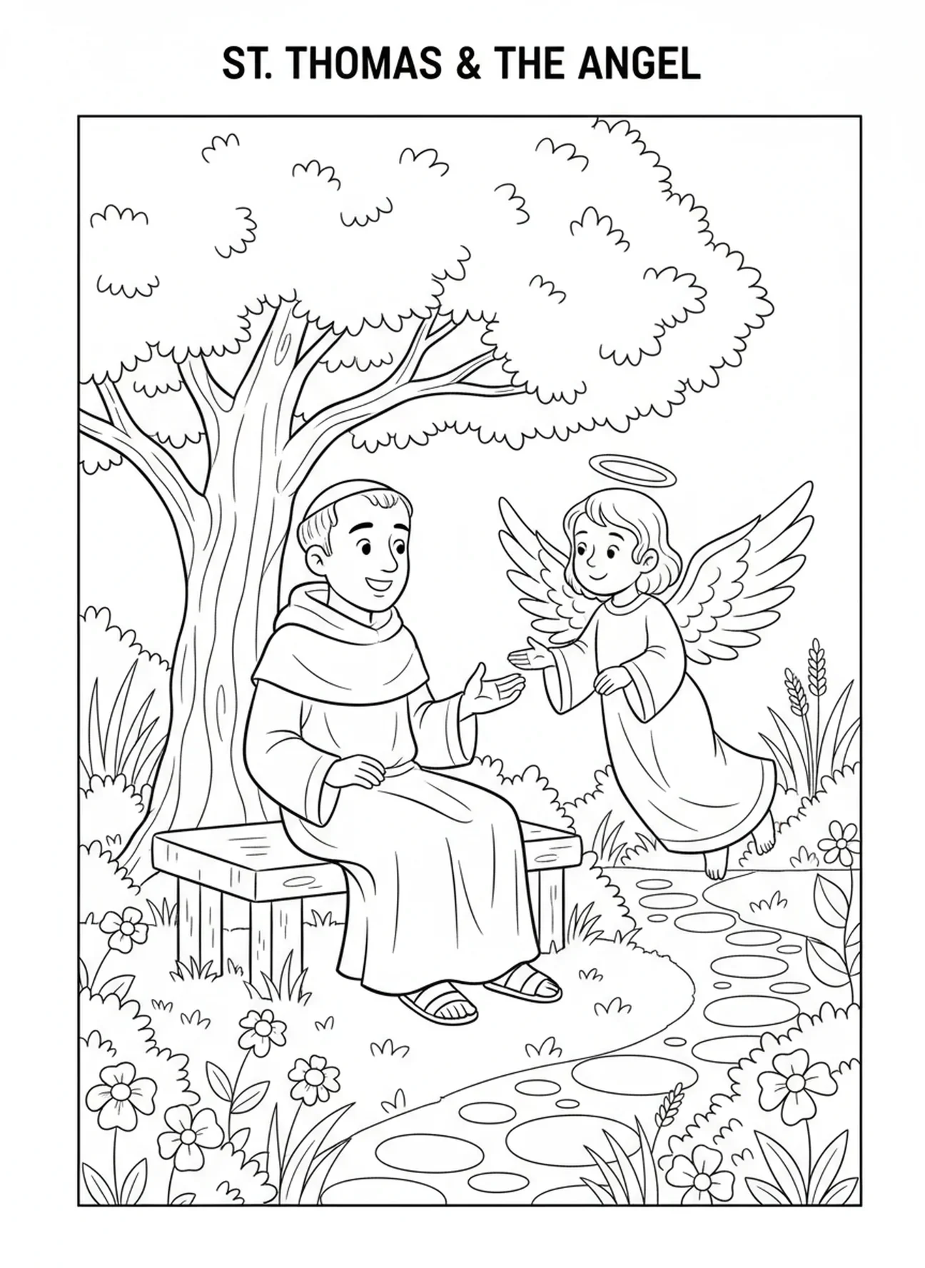 Saint Thomas d'Aquin parlant à un ange, page à colorier Saint Thomas d'Aquin pour les enfants de 5 à 10 ans.