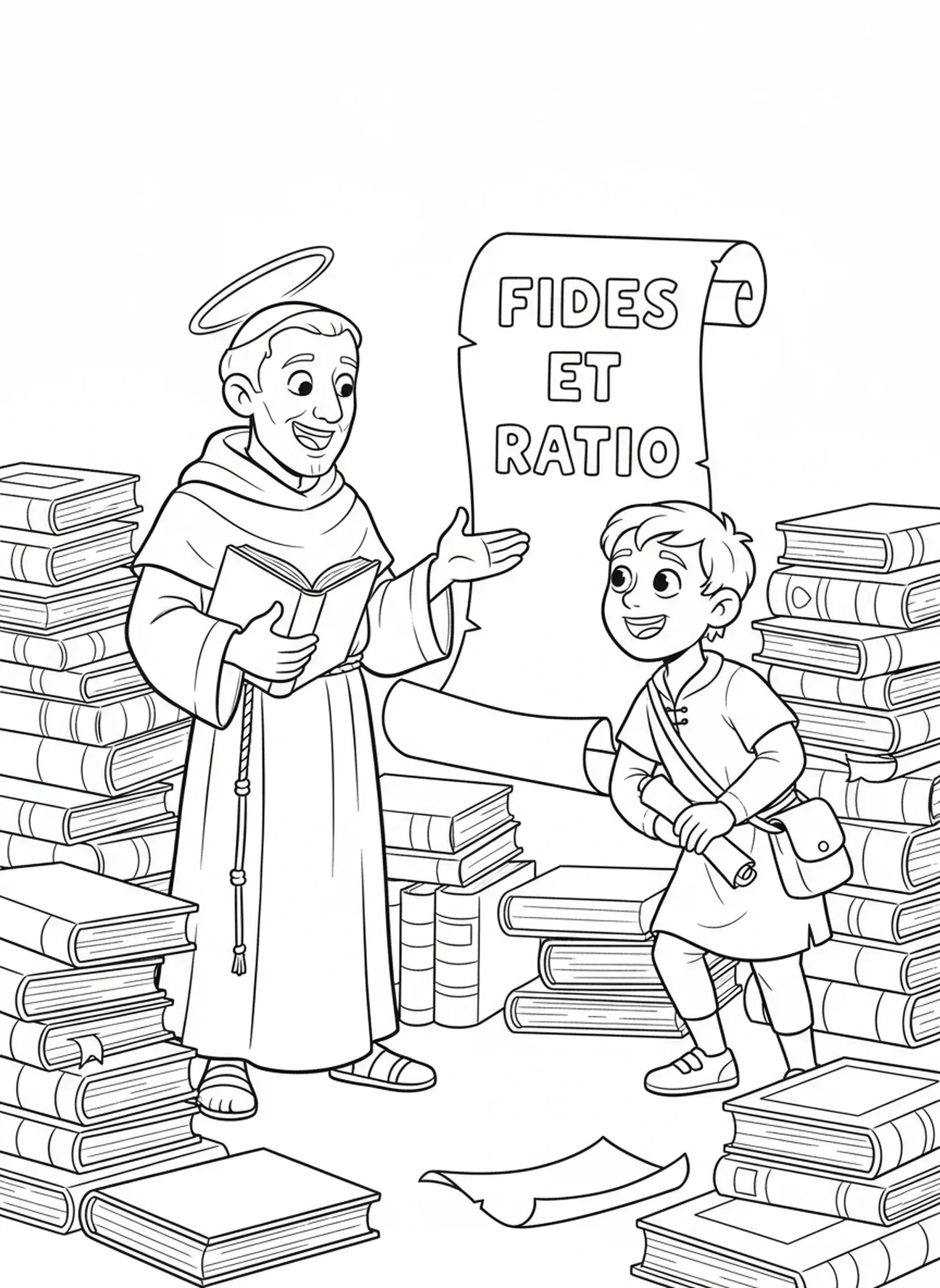 Saint Thomas d'Aquin discutant de la foi, page à colorier Saint Thomas d'Aquin pour les enfants de 5 à 10 ans.