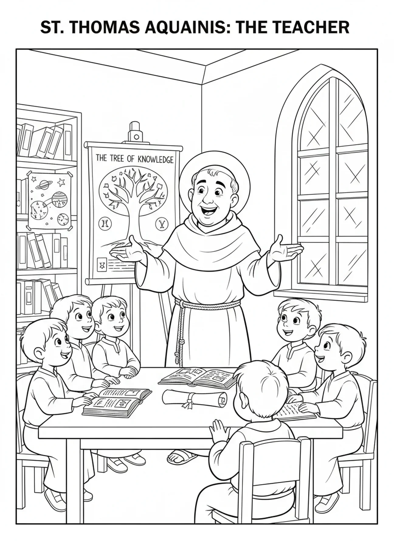 Saint Thomas d'Aquin dans une salle de classe, page à colorier Saint Thomas d'Aquin pour les enfants de 5 à 10 ans.