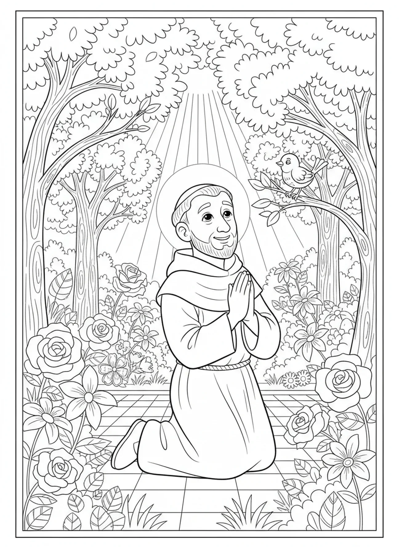 Saint Thomas d'Aquin en prière, page à colorier Saint Thomas d'Aquin pour les enfants de 5 à 10 ans.