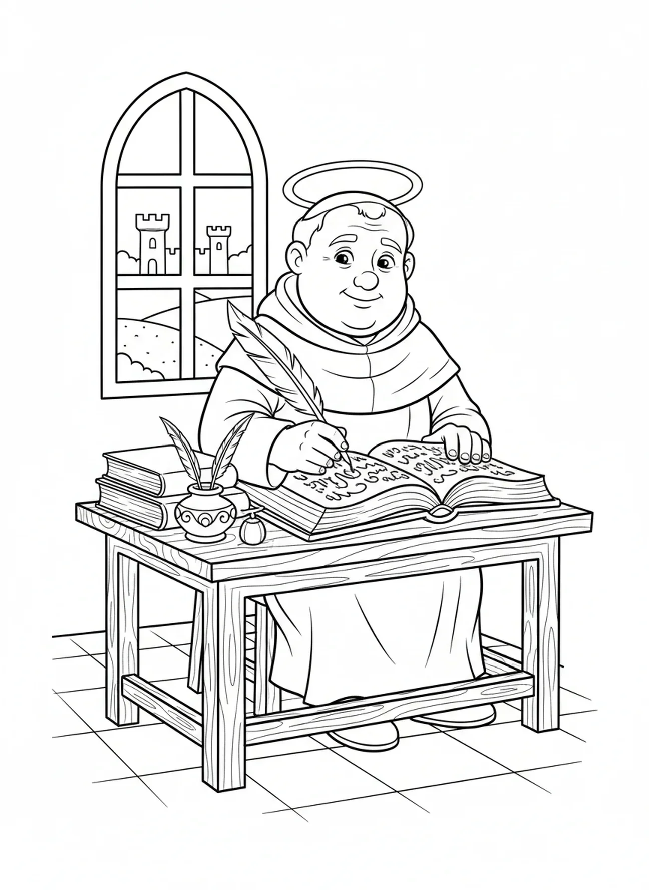 Saint Thomas d'Aquin écrivant dans un livre, page à colorier Saint Thomas d'Aquin pour les enfants de 5 à 10 ans.