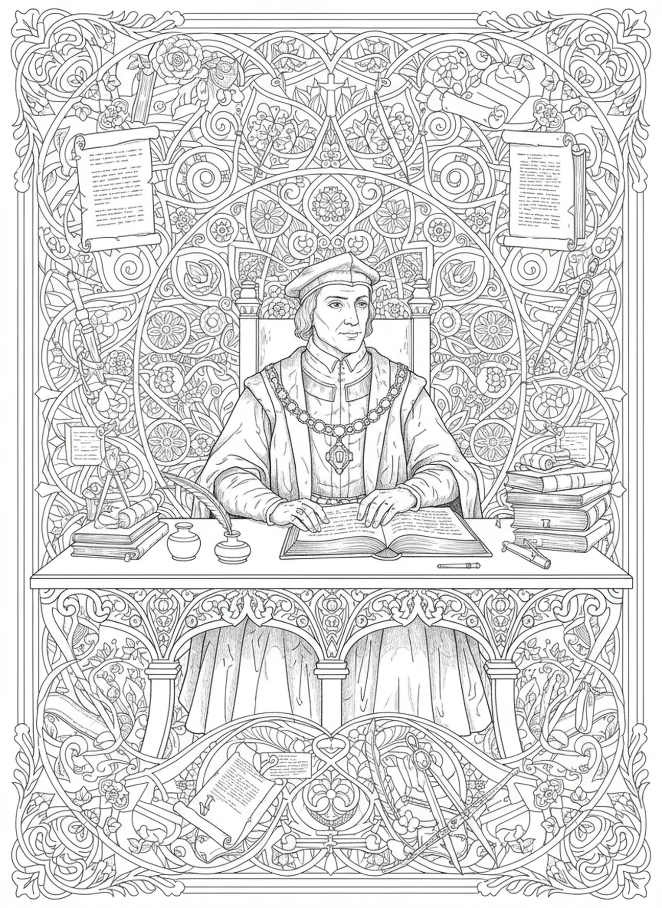 St. Thomas Morus an einem Ratstisch, Ausmalbild für Erwachsene im Bibel-Journaling-Stil
