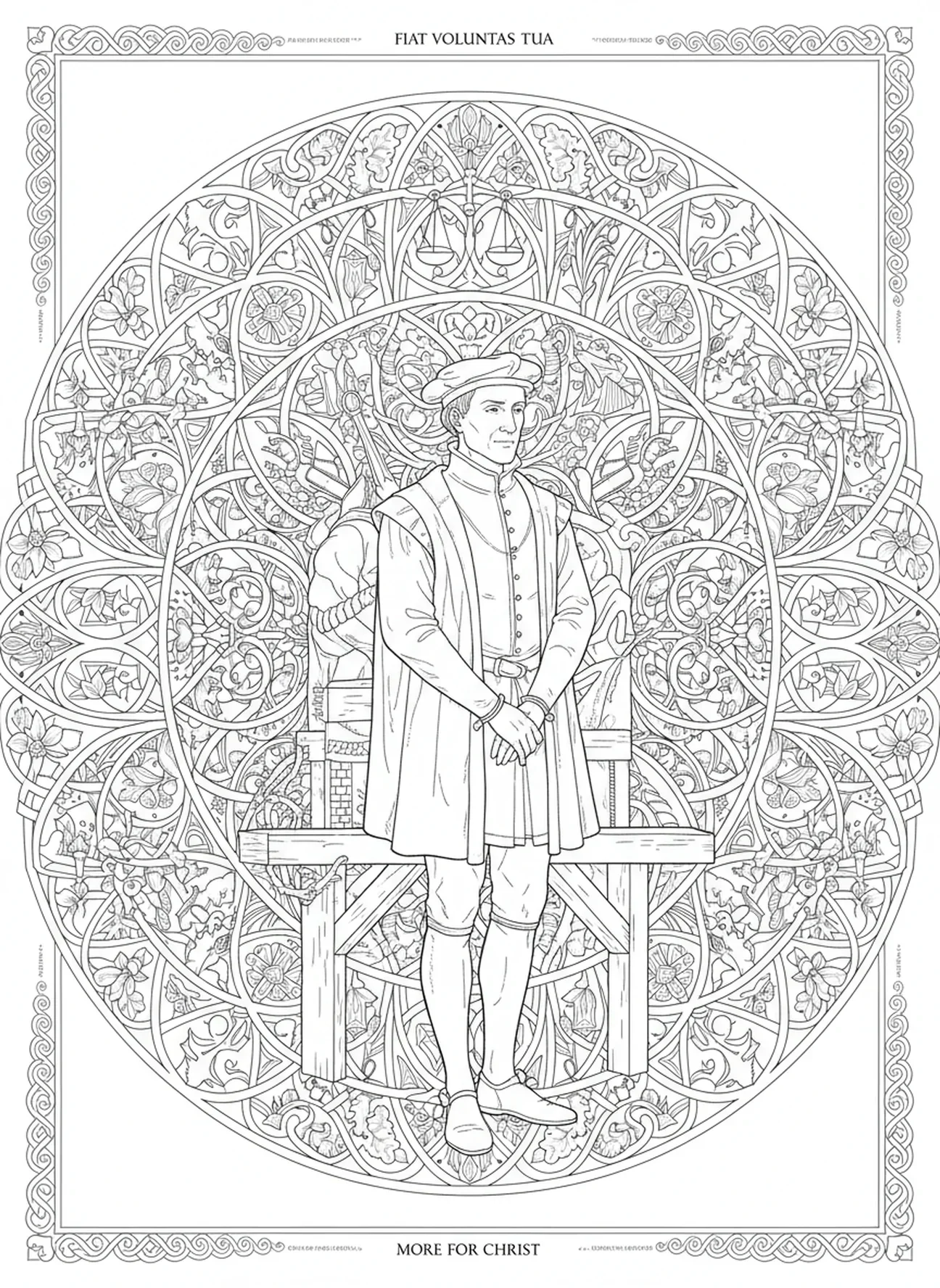 St. Thomas Morus bei seiner Hinrichtung, Ausmalbild von St. Thomas Morus für Erwachsene im Bibel-Journaling-Stil