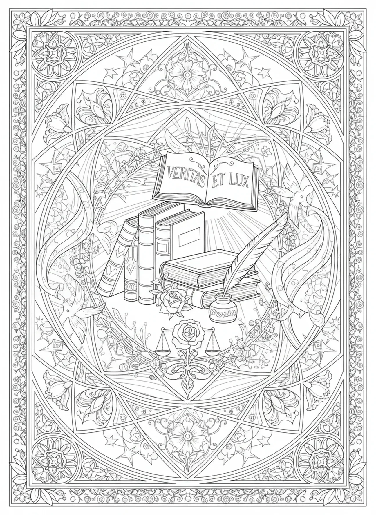 Das Erbe von St. Thomas Morus mit Büchern und Feder, Ausmalbild von St. Thomas Morus für Erwachsene im Stil des Bibel-Journalings