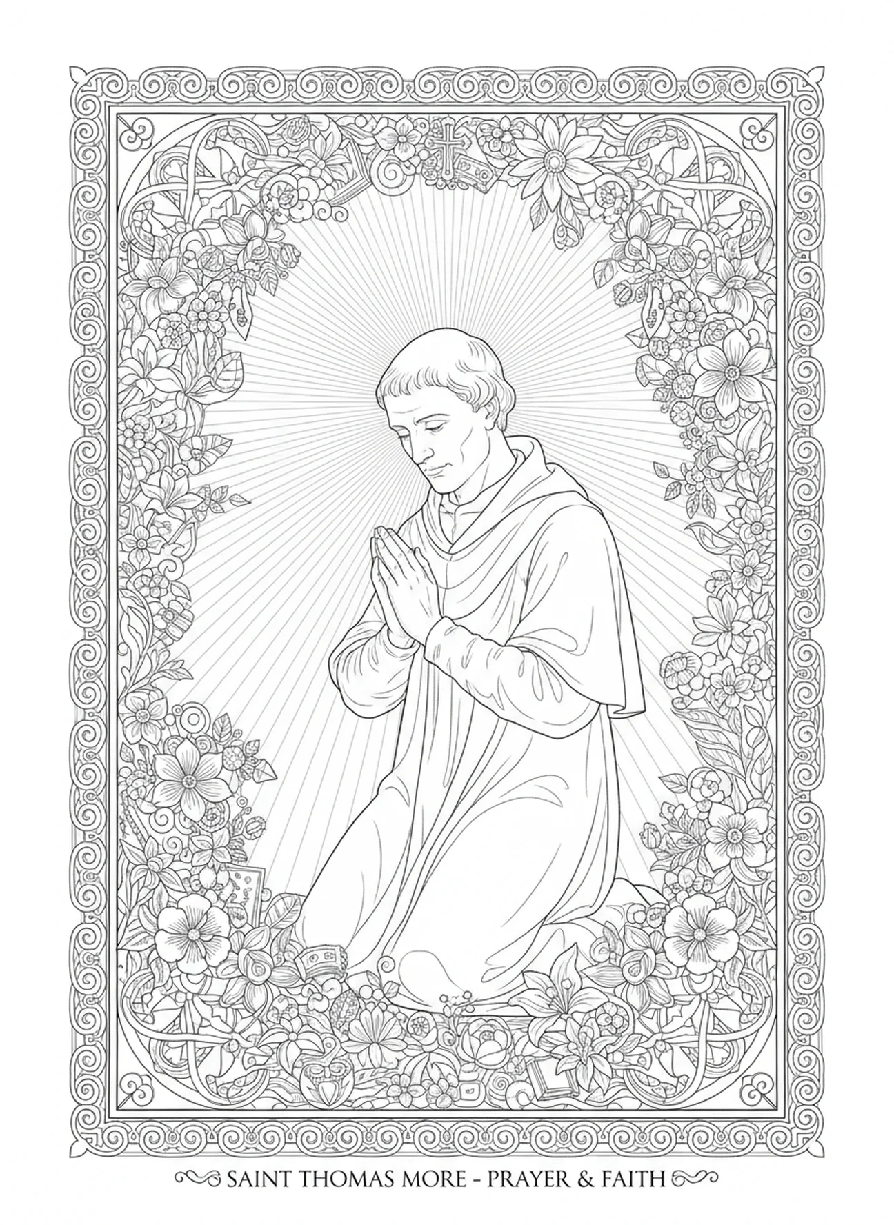 St. Thomas Morus im Gebet, umgeben von floralen Mustern, Ausmalbild von St. Thomas Morus für Erwachsene im Stil des Bibel-Journalings