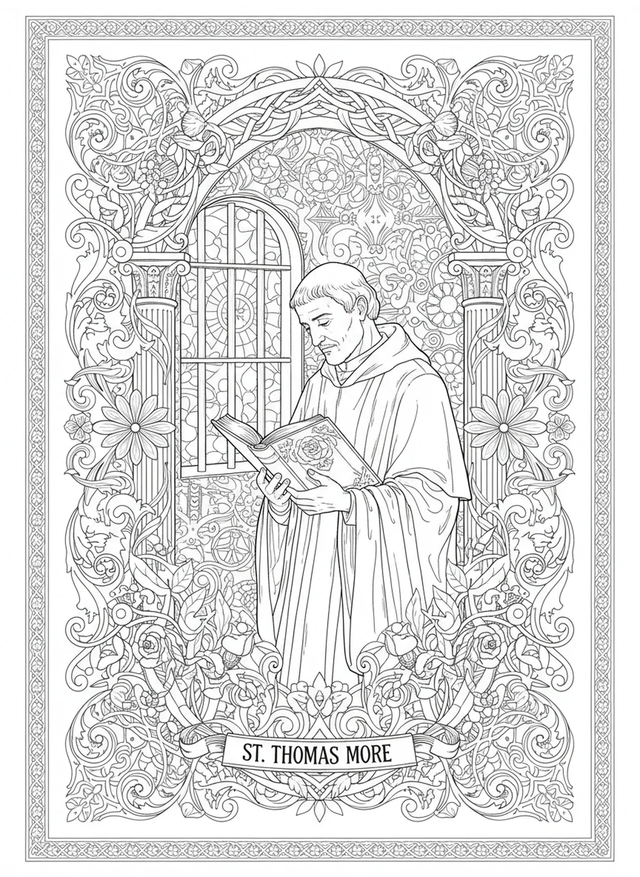St. Thomas Morus in einer Gefängniszelle, Ausmalbild für Erwachsene im Stil des Bibeljournaling