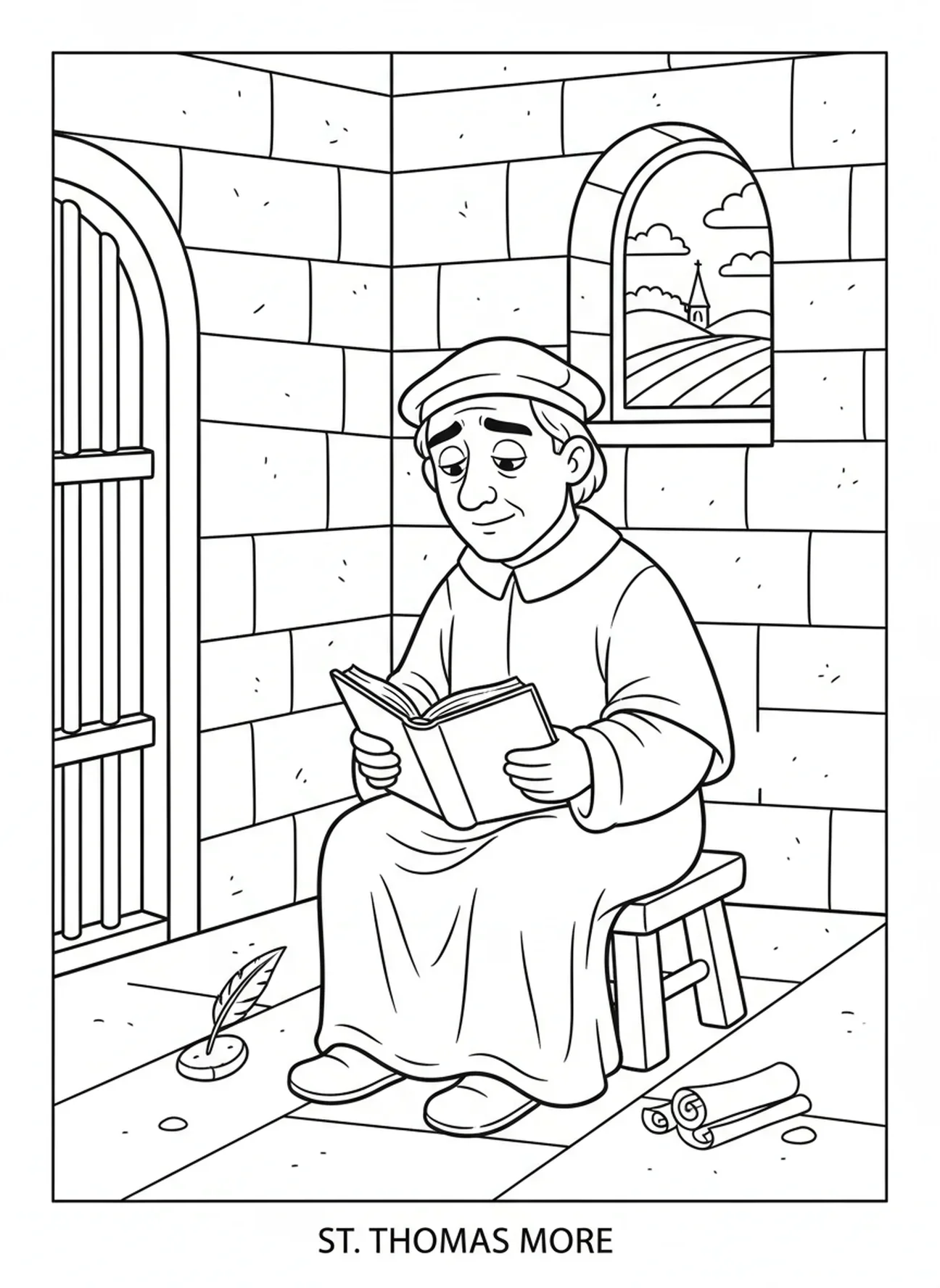 Thomas More assis pensivement dans une cellule de prison, page à colorier de Saint Thomas More pour les enfants de 5 à 10 ans