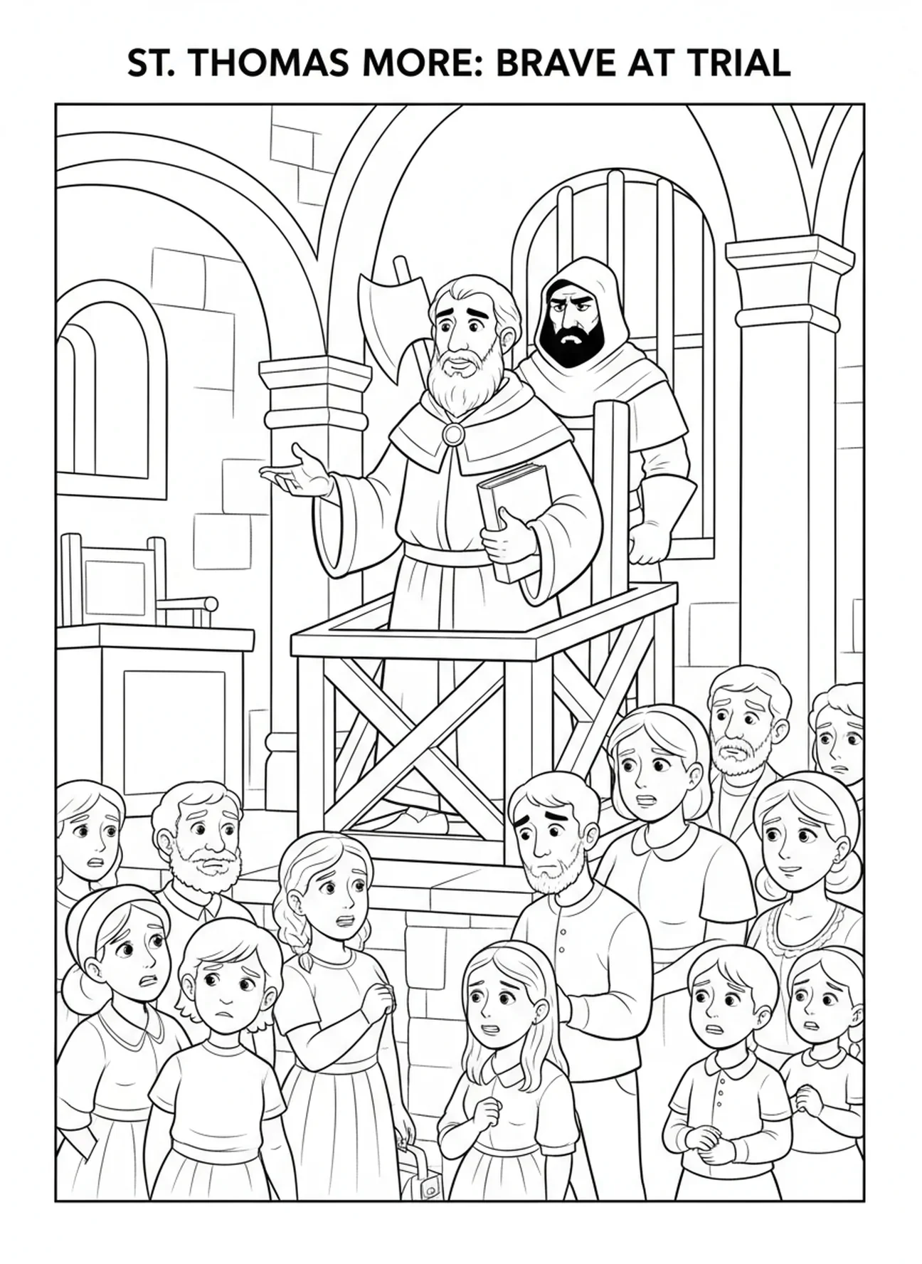 Thomas More se tenant courageusement à son procès, page à colorier de Saint Thomas More pour les enfants de 5 à 10 ans
