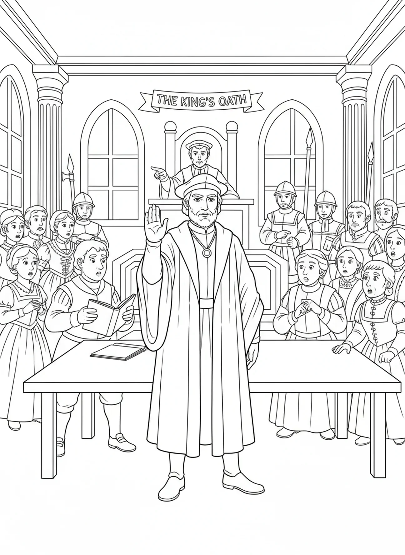 Thomas More se tenant fermement en refusant un serment, page de coloriage de Saint Thomas More pour les enfants de 5 à 10 ans