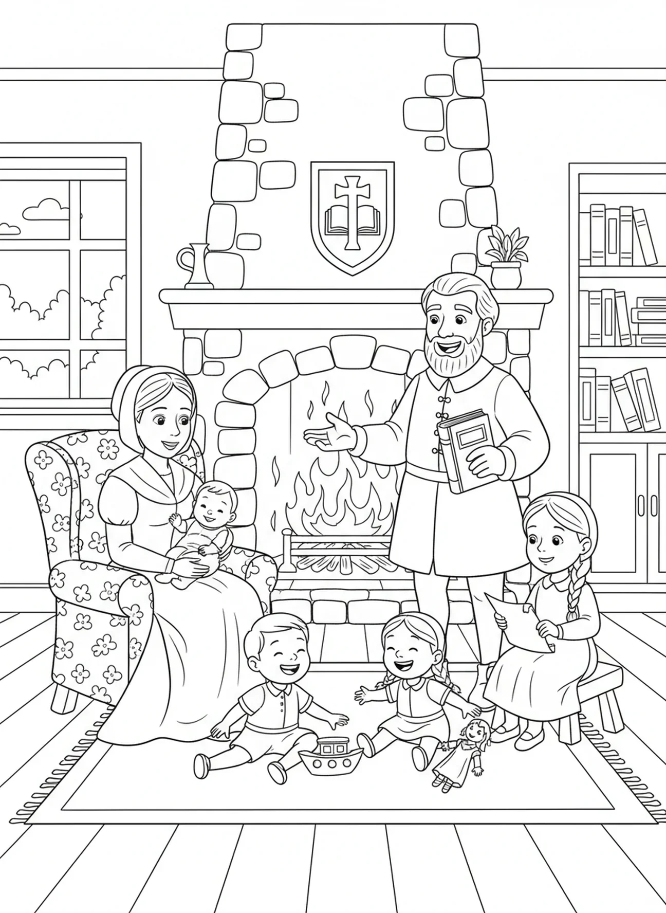 Thomas More joyeux avec sa famille, page à colorier de St. Thomas More pour les enfants de 5 à 10 ans