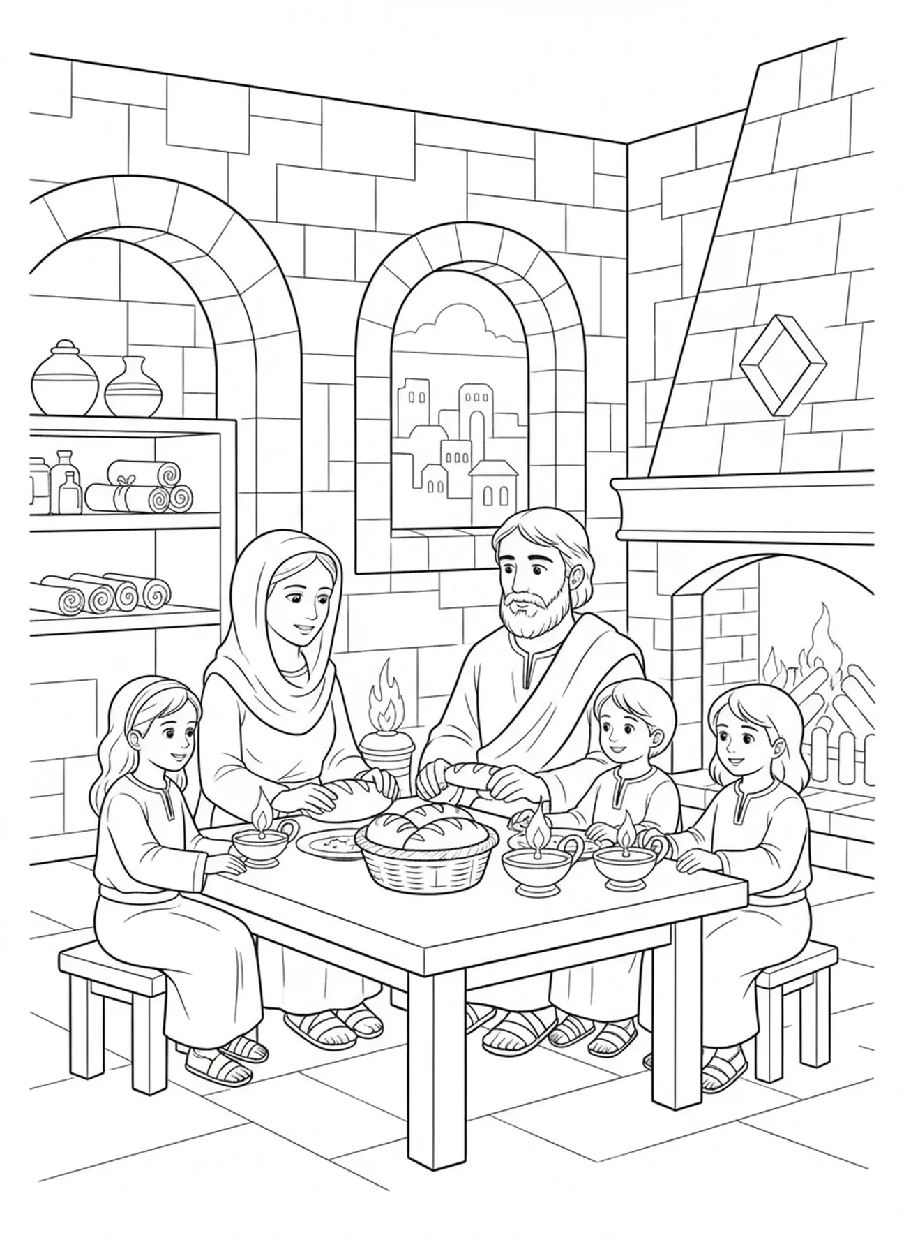 Thomas More met zijn gezin aan een tafel, kleurplaat van St. Thomas More voor Zondagsschoolkinderen van 5-12 jaar.