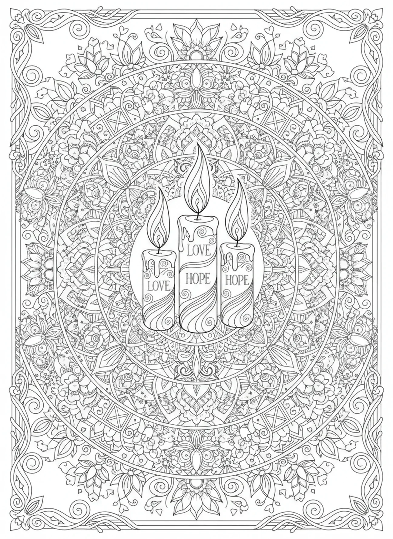 Conjunto de velas, página para colorir de São Valentim no estilo de journaling bíblico para adultos