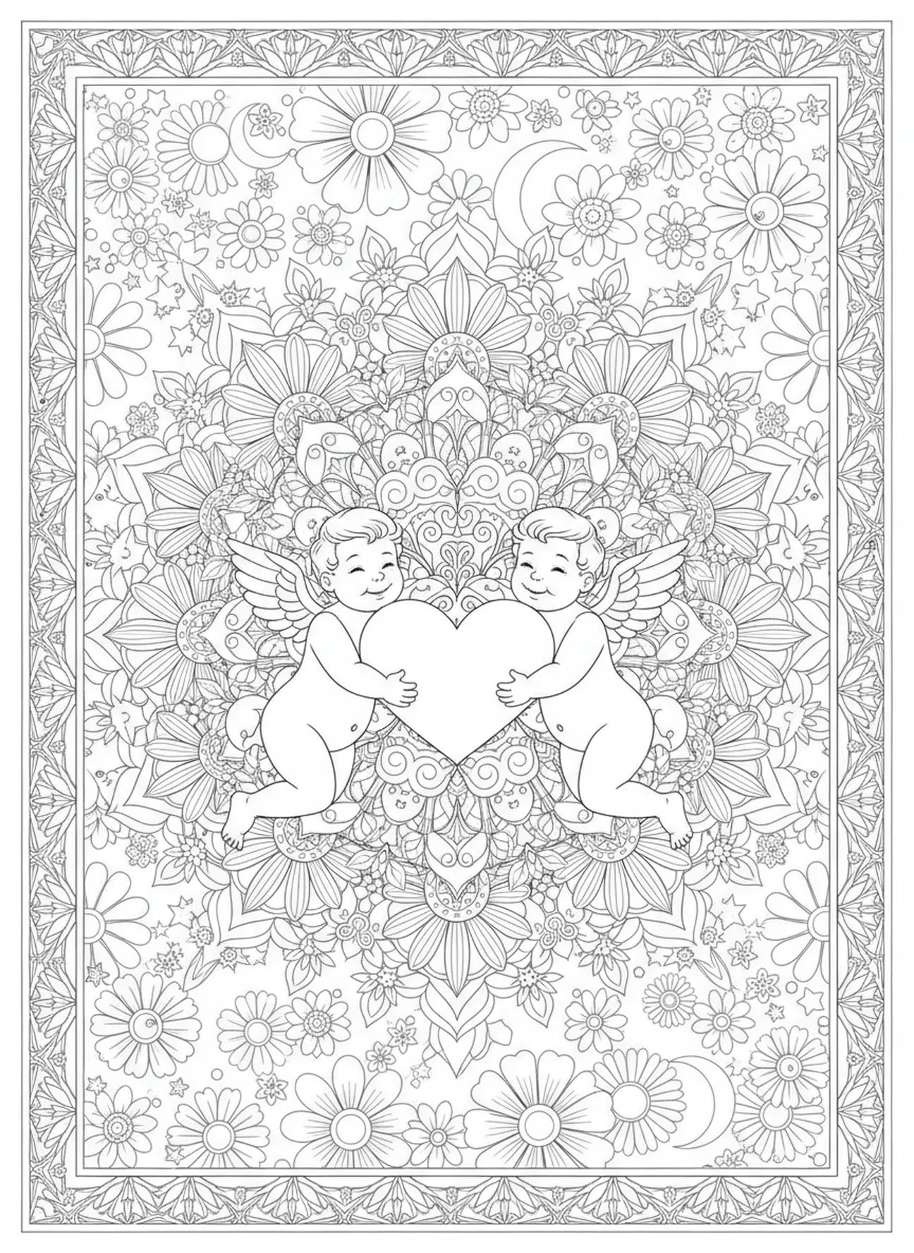 Dois querubins segurando um coração, página para colorir de São Valentim no estilo de journaling bíblico para adultos